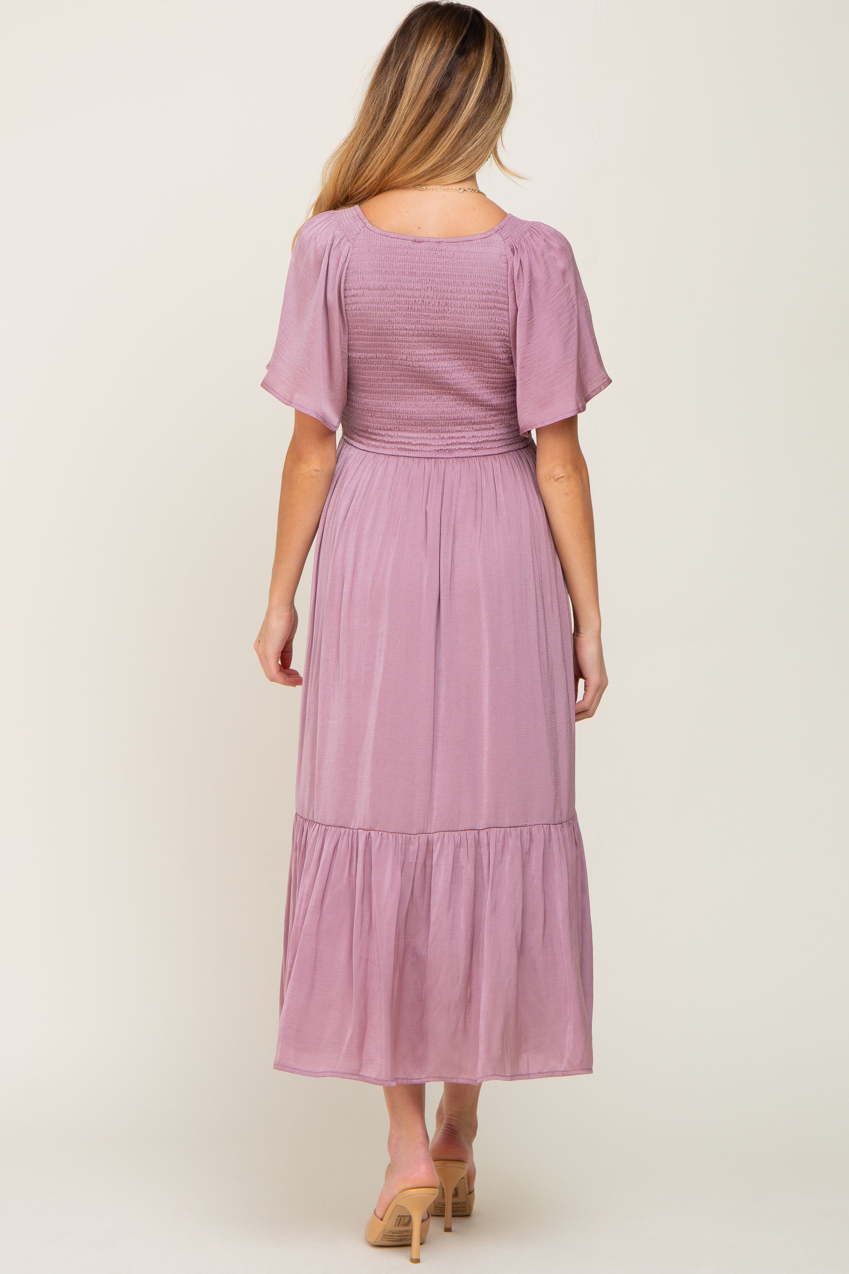 Mauve Satin Smocked Maternity Midi Dress sold by Pinkblush product image thumbnail 3