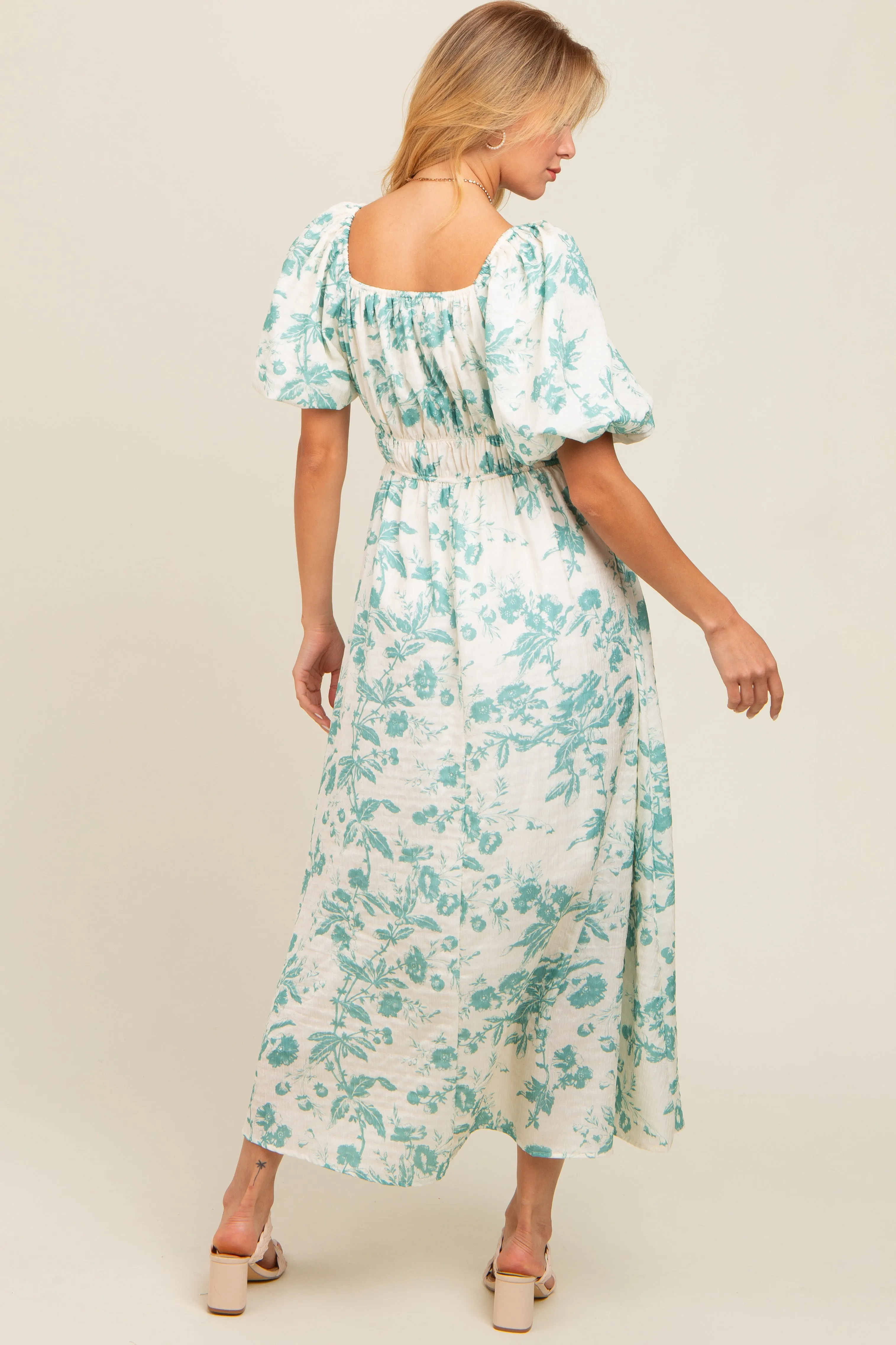 Teal Floral Puff Sleeve Midi Dress sold by Pinkblush product image thumbnail 4