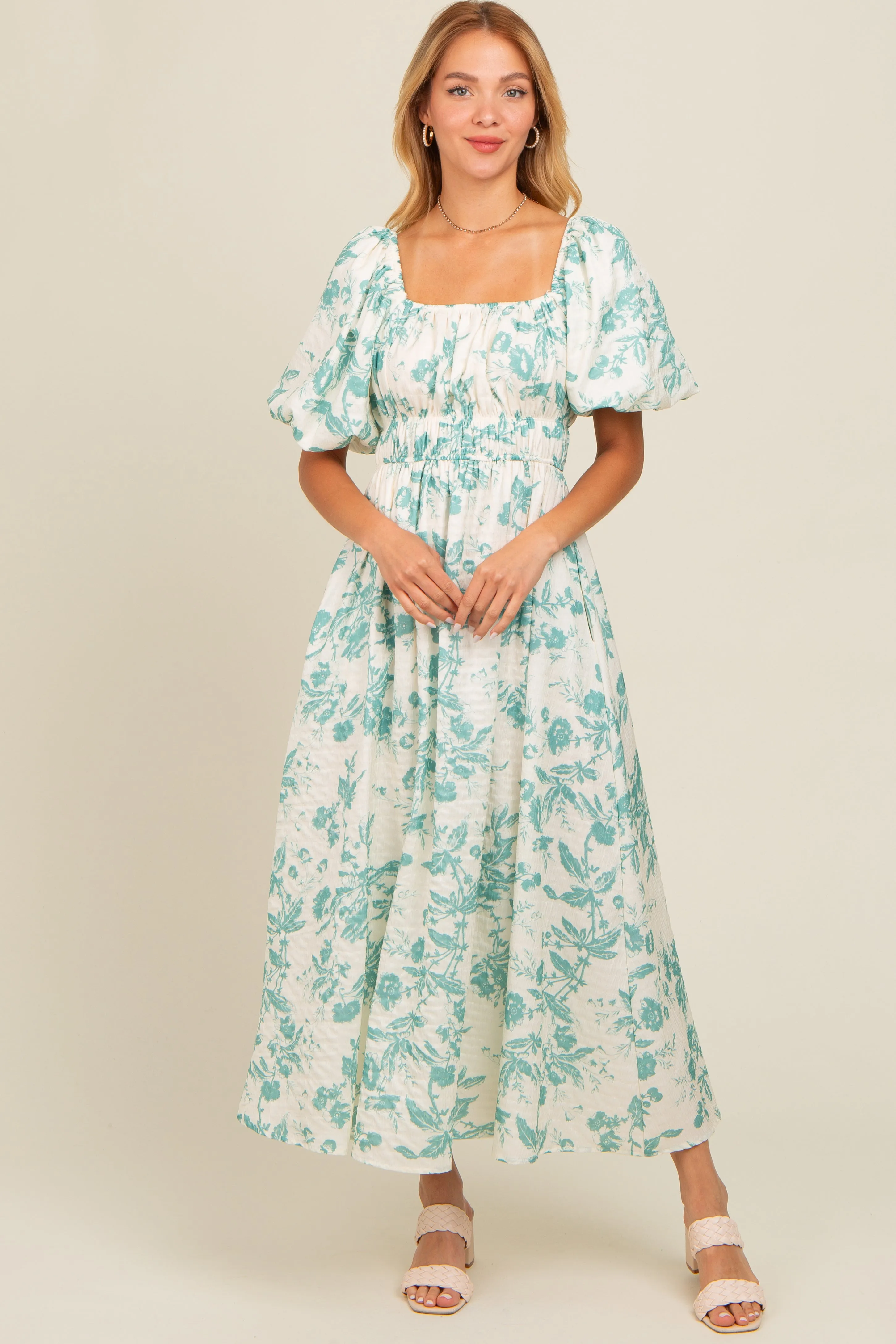 Teal Floral Puff Sleeve Midi Dress sold by Pinkblush product image thumbnail 2