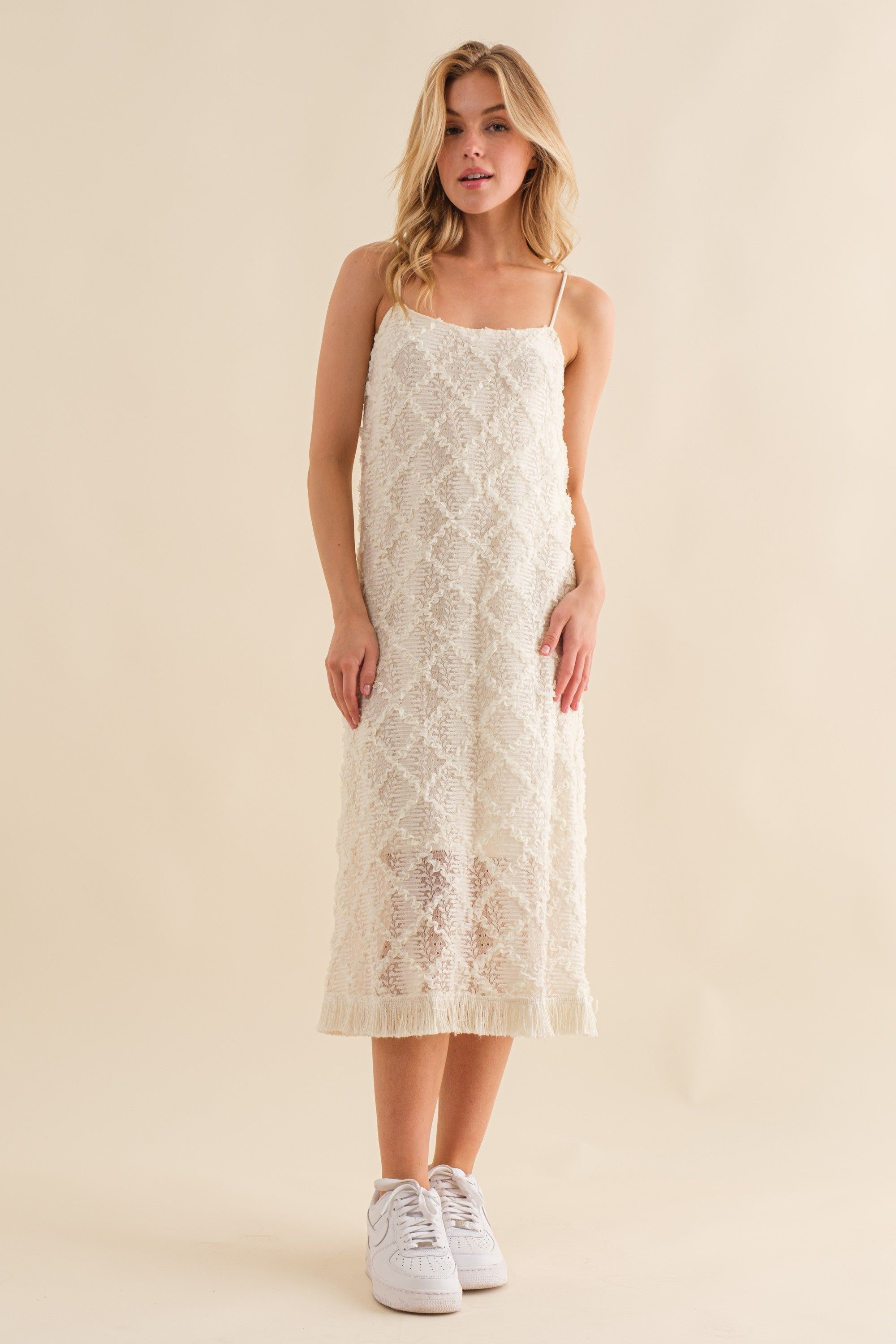Ivory Fringe Mesh Midi Dress sold by Pinkblush