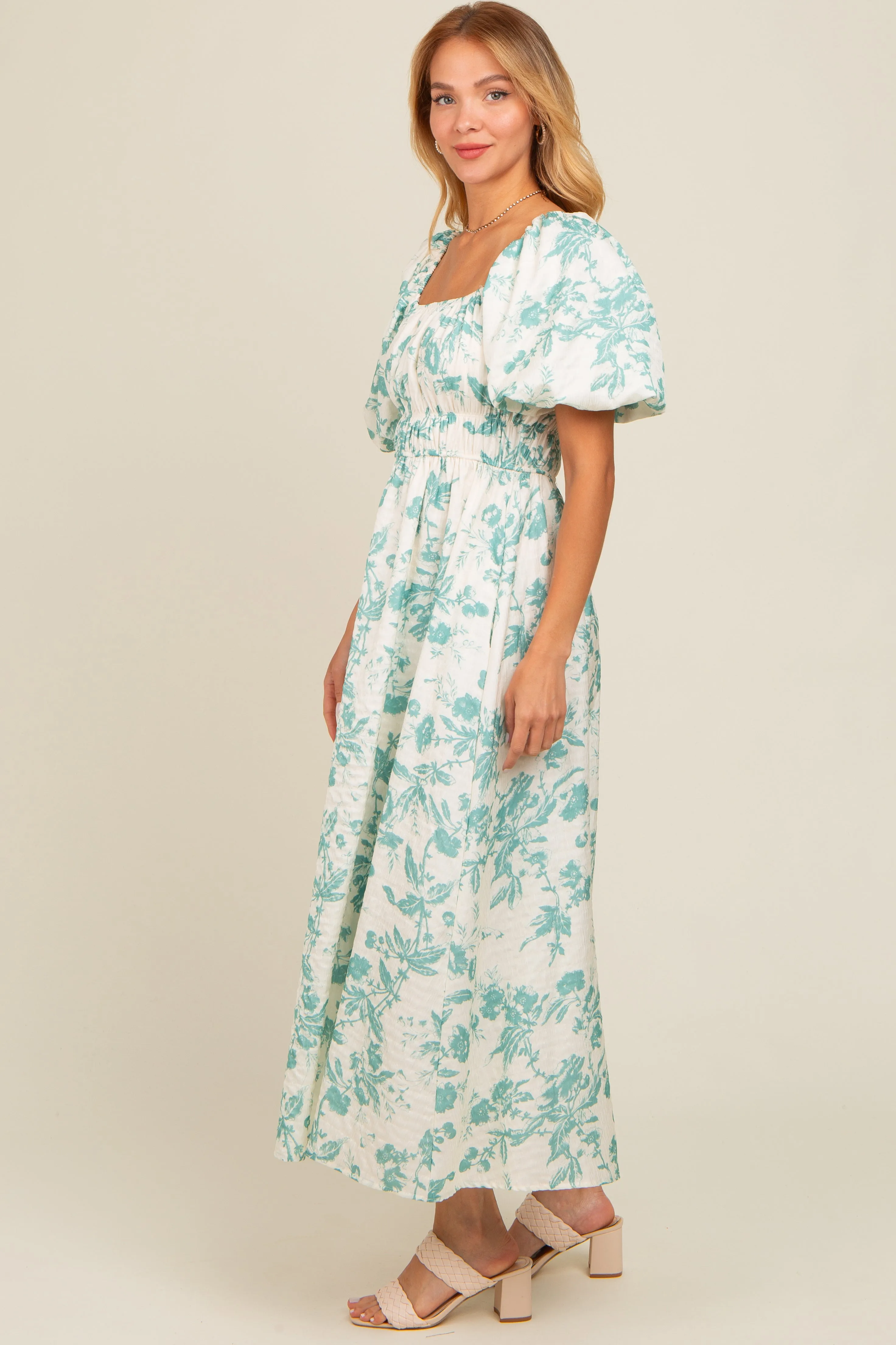 Teal Floral Puff Sleeve Midi Dress sold by Pinkblush product image thumbnail 3