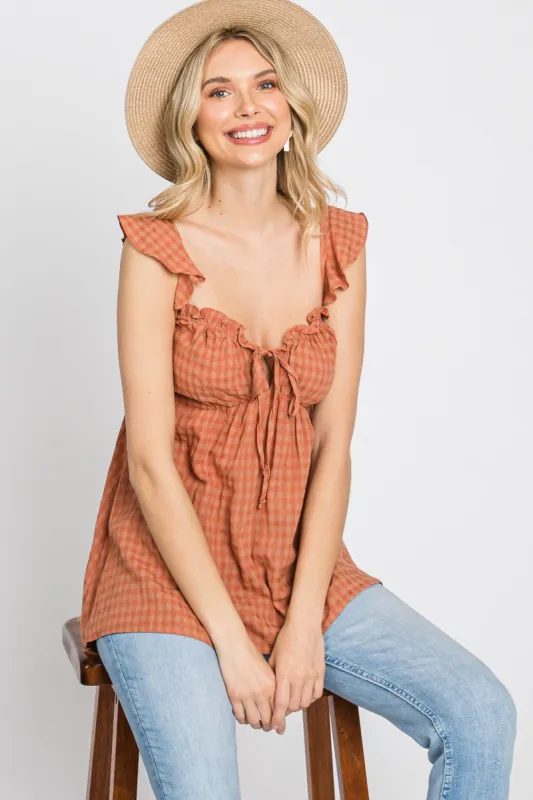Rust Plaid Pattern Sweetheart Neck Front Tie Top sold by Pinkblush