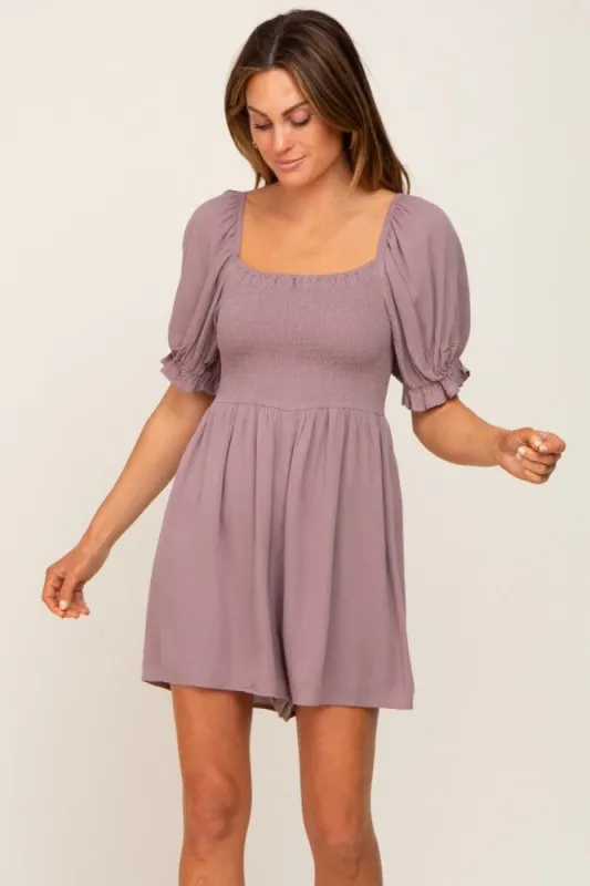 Mocha Smocked Puff Sleeve Romper sold by Pinkblush