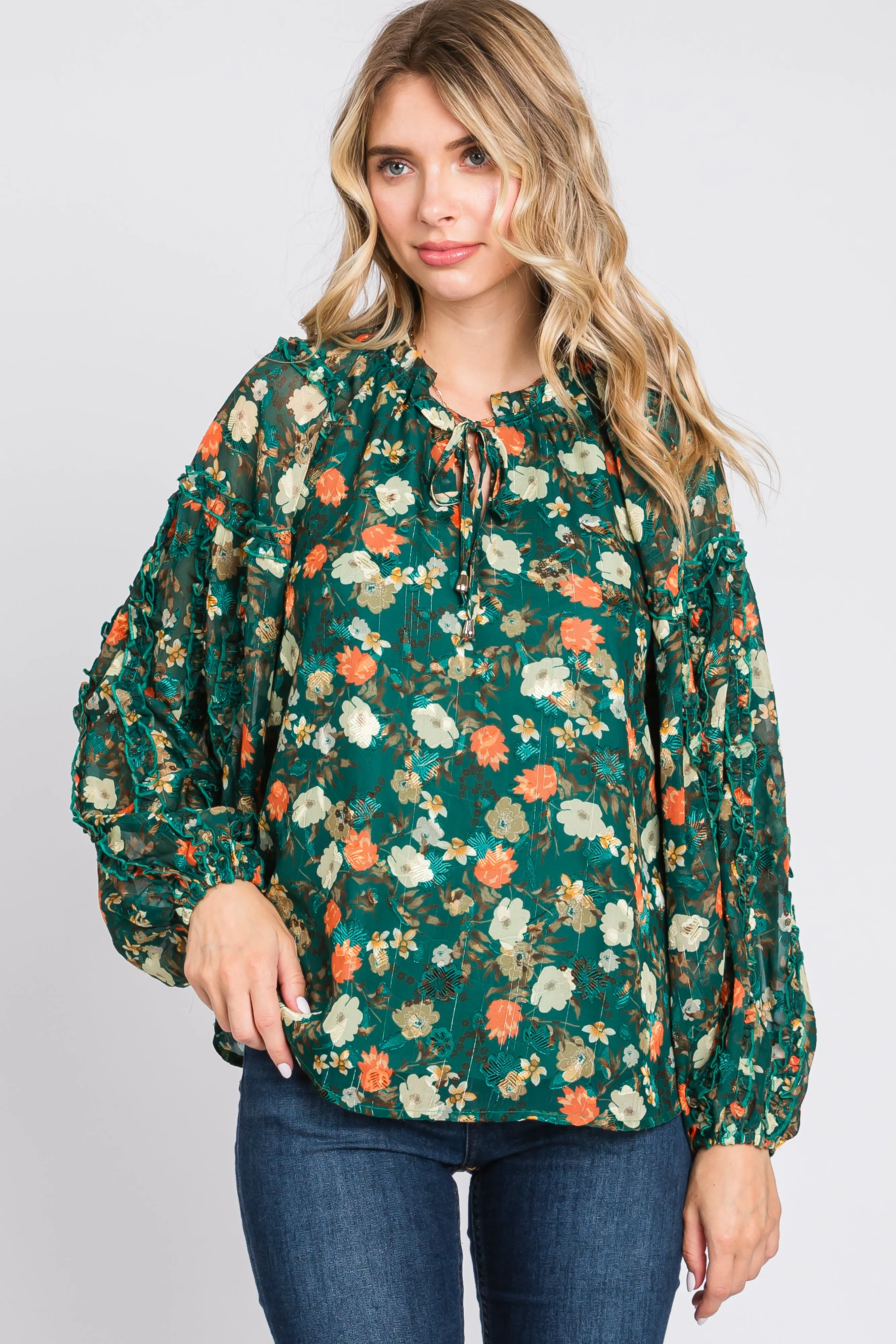 Forest Green Floral Ruffle Accent Top sold by Pinkblush product image thumbnail 2