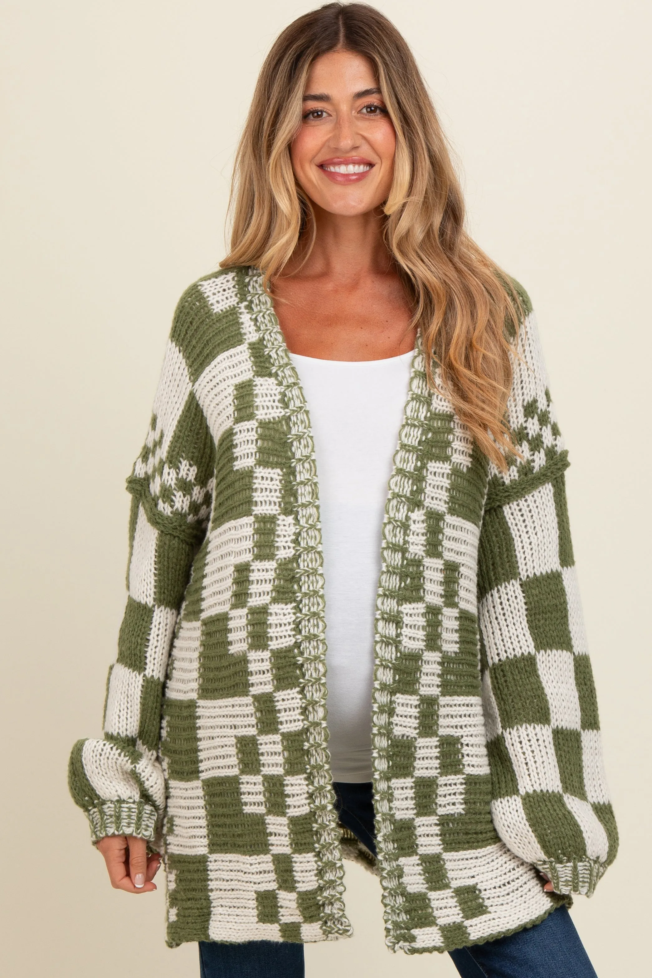 Olive Mixed Check Pattern Chunky Maternity Cardigan sold by Pinkblush