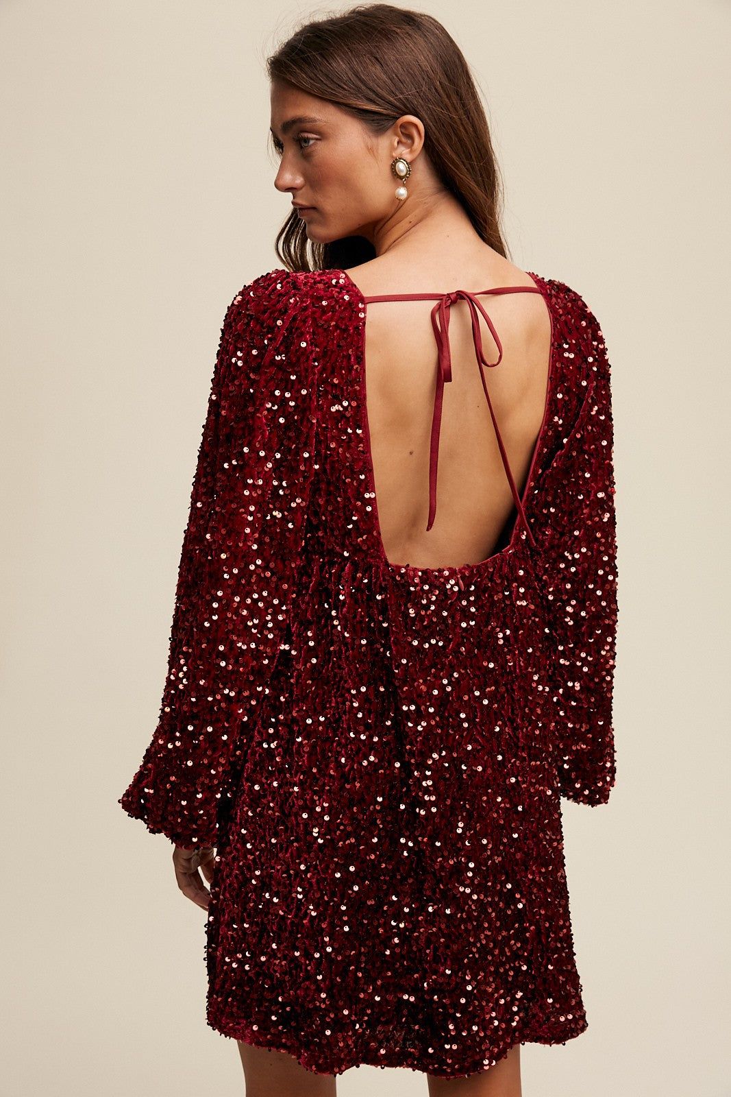 Burgundy Sequin Velour Front Tie Mini Dress sold by Pinkblush product image thumbnail 4