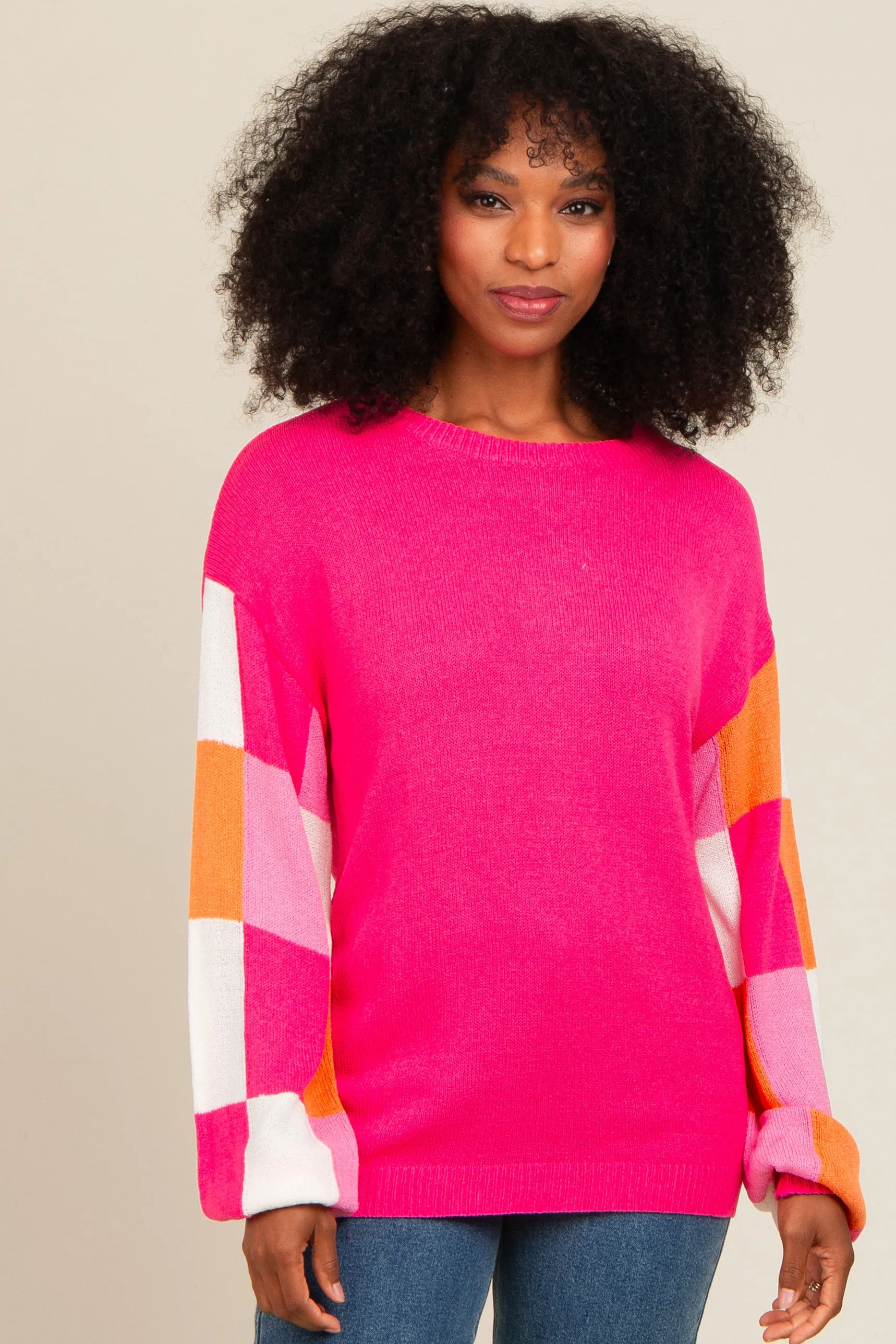 Fuchsia Checker Sleeve Sweater sold by Pinkblush