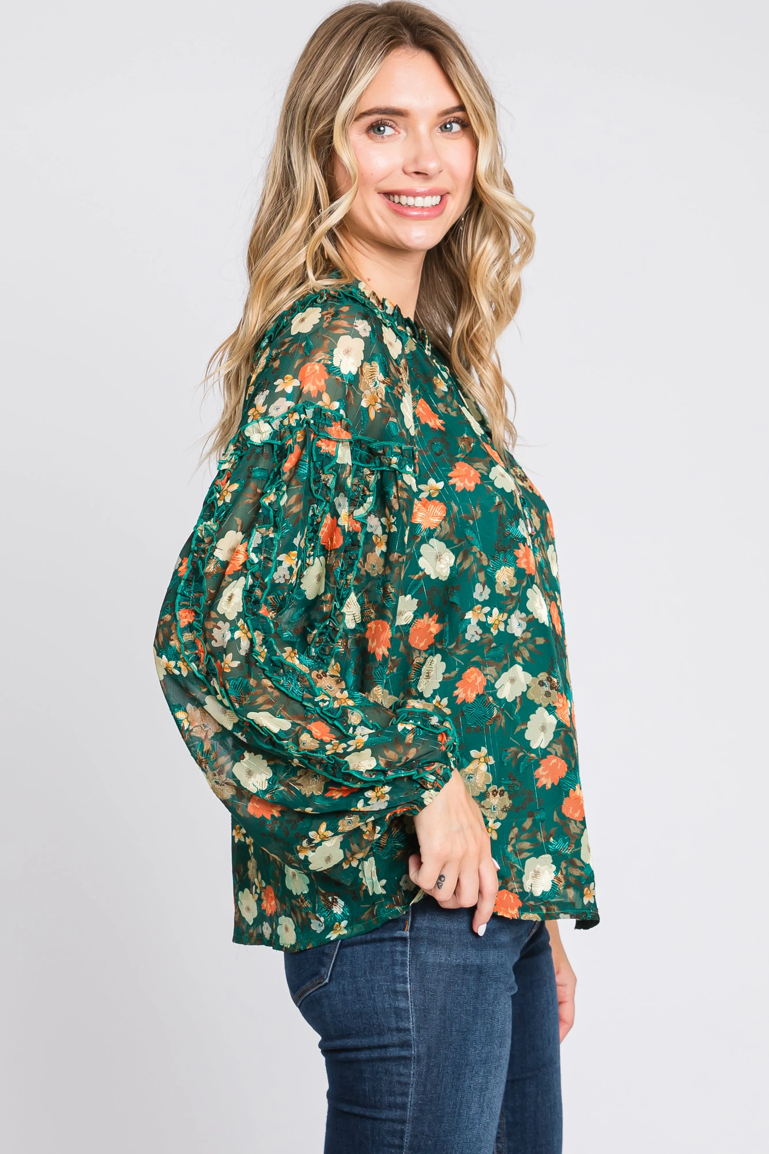 Forest Green Floral Ruffle Accent Top sold by Pinkblush product image thumbnail 3