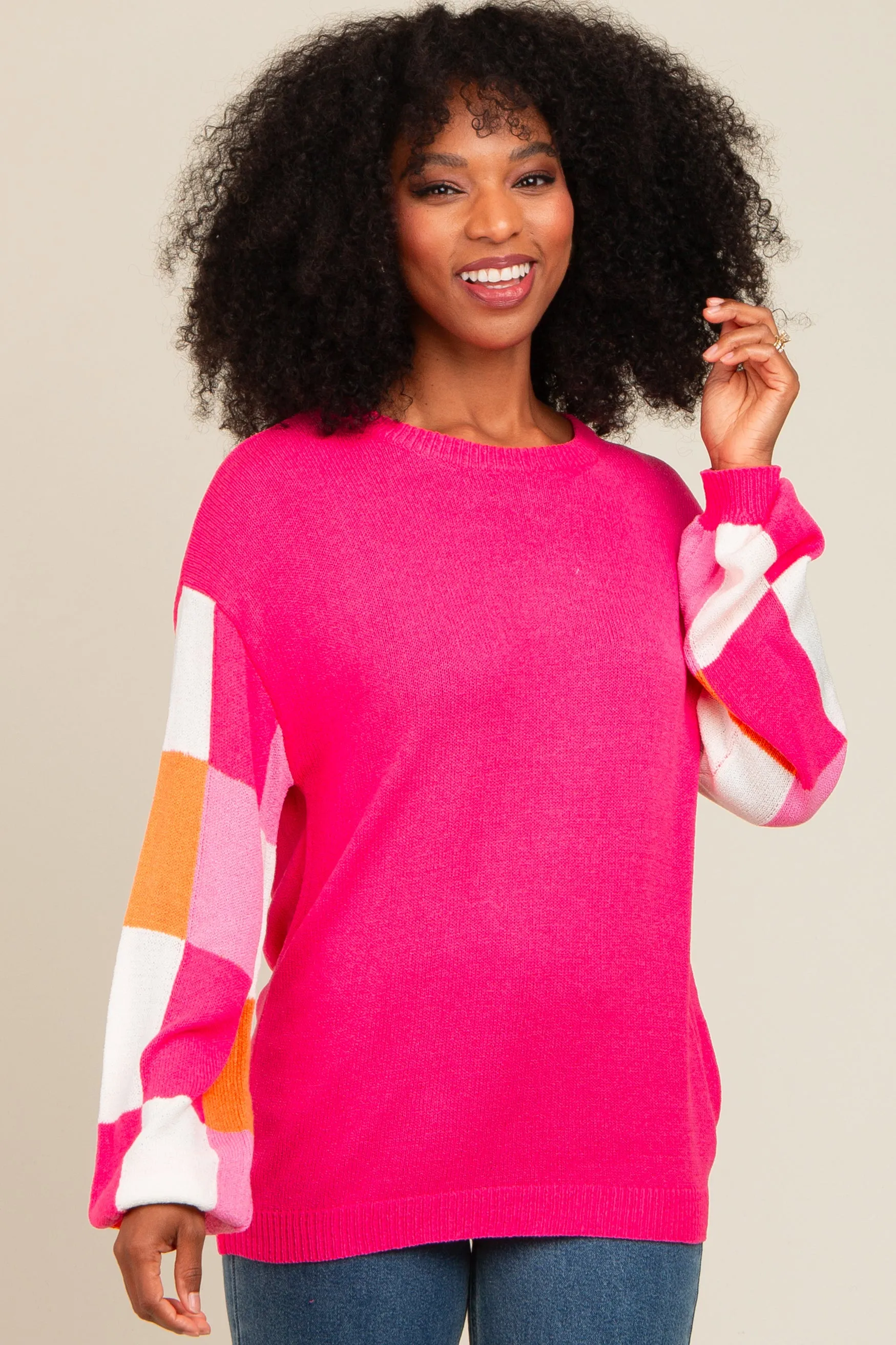 Fuchsia Checker Sleeve Sweater sold by Pinkblush product image thumbnail 2