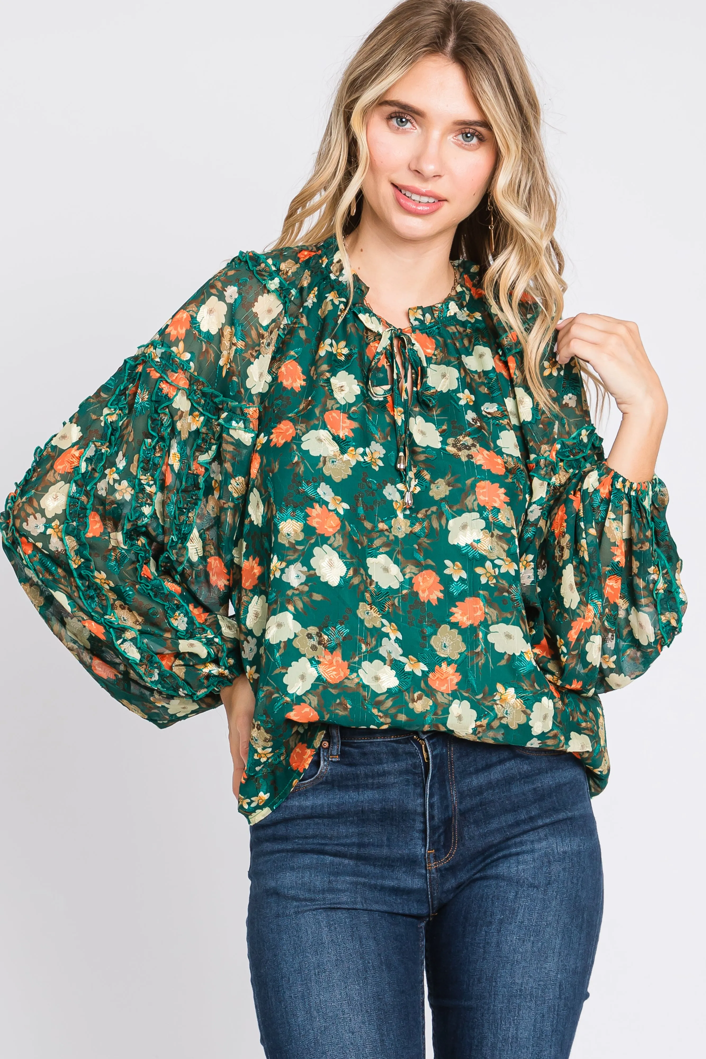 Forest Green Floral Ruffle Accent Top sold by Pinkblush