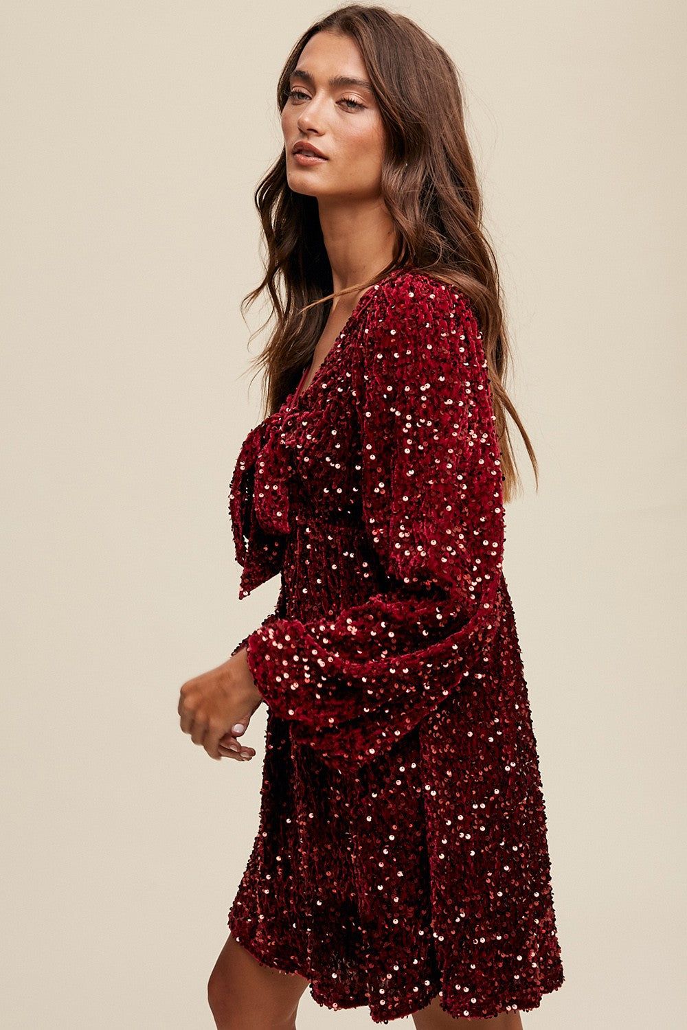 Burgundy Sequin Velour Front Tie Mini Dress sold by Pinkblush product image thumbnail 3