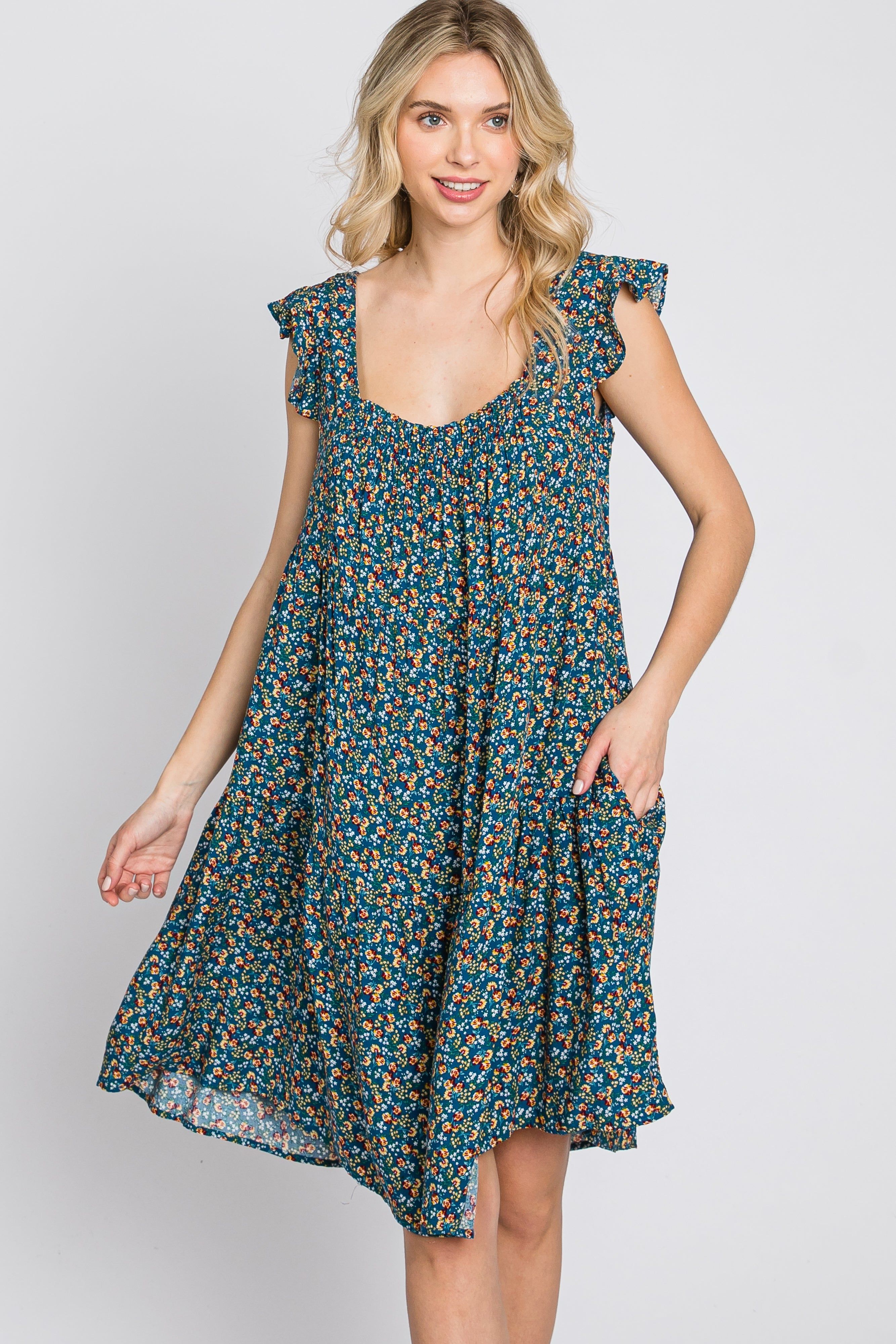 Blue Floral Smocked Square Neck Ruffle Sleeve Dress sold by Pinkblush product image thumbnail 3