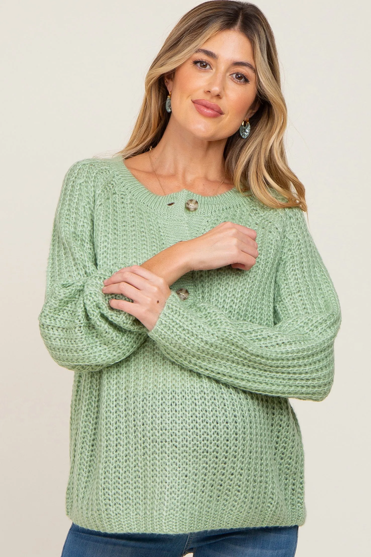 Mint Green Open Knit Button Front Maternity Sweater sold by Pinkblush