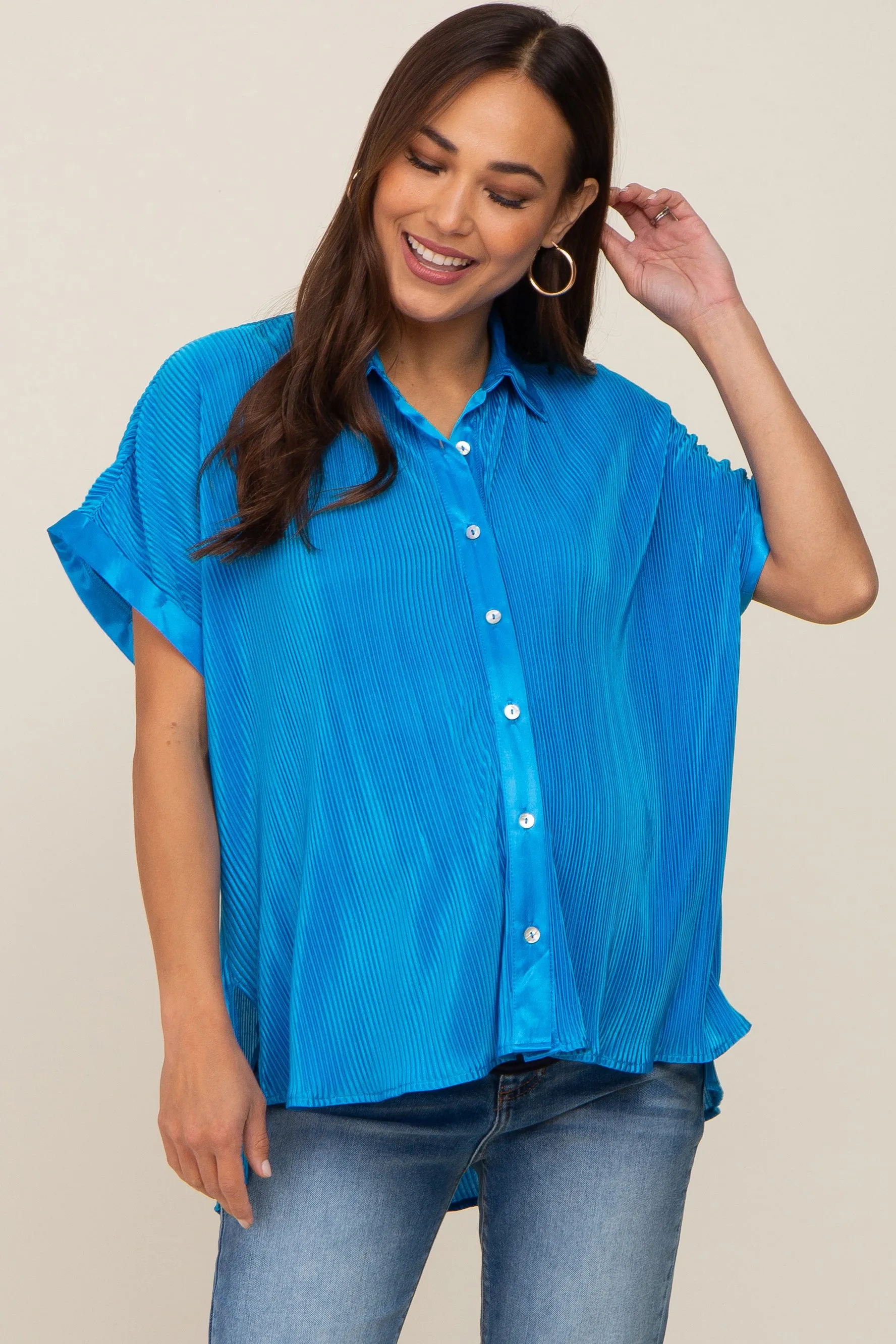 Blue Pleated Satin Button Up Maternity Top sold by Pinkblush