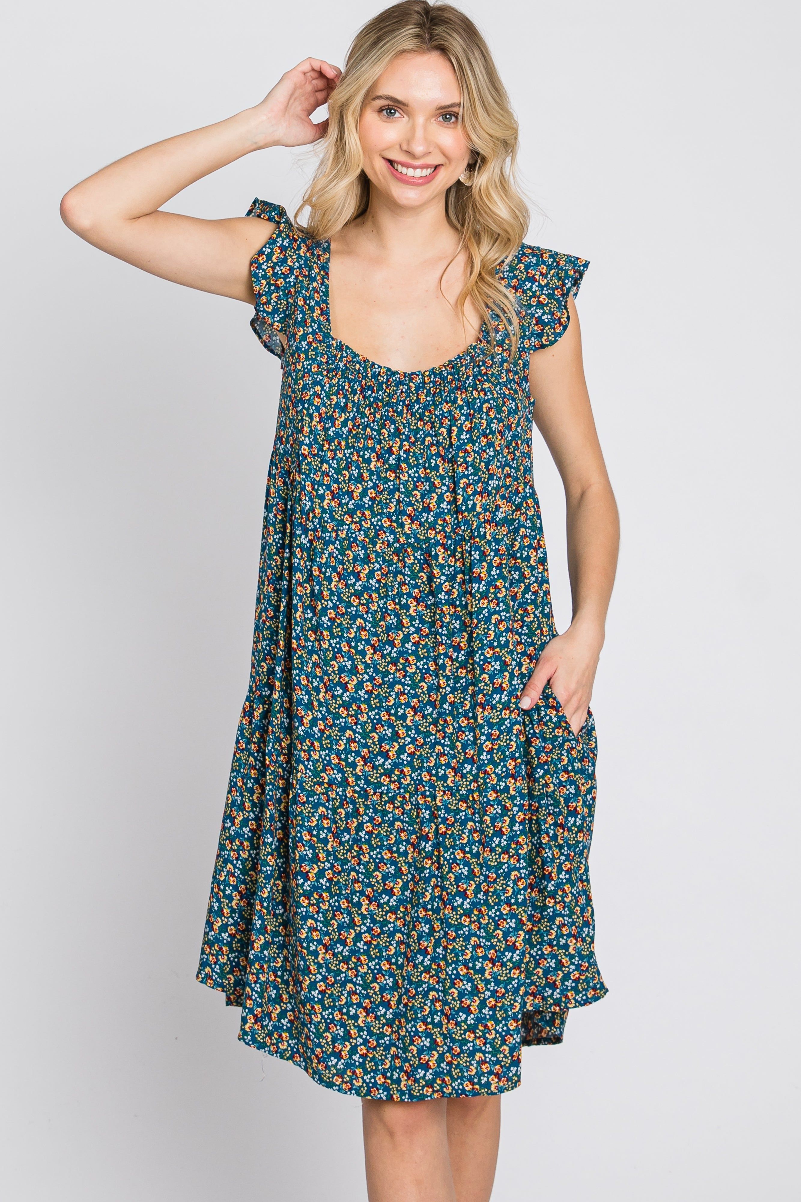 Blue Floral Smocked Square Neck Ruffle Sleeve Dress sold by Pinkblush product image thumbnail 4