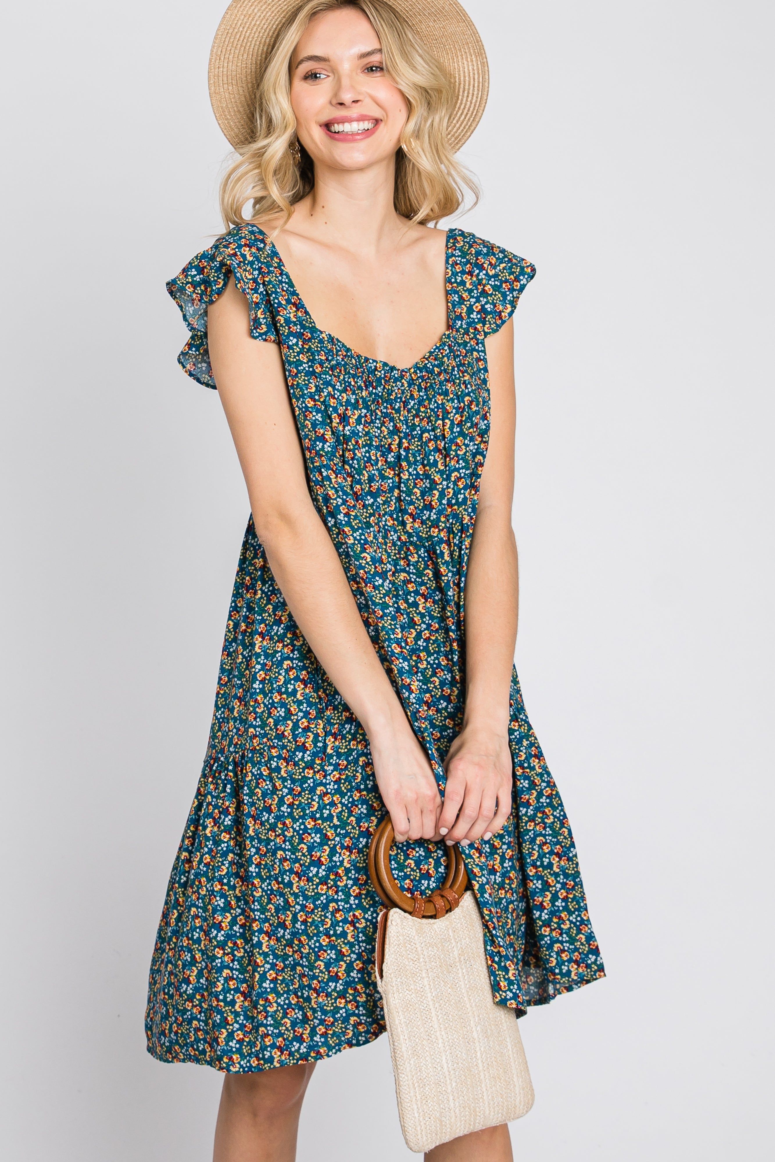 Blue Floral Smocked Square Neck Ruffle Sleeve Dress sold by Pinkblush