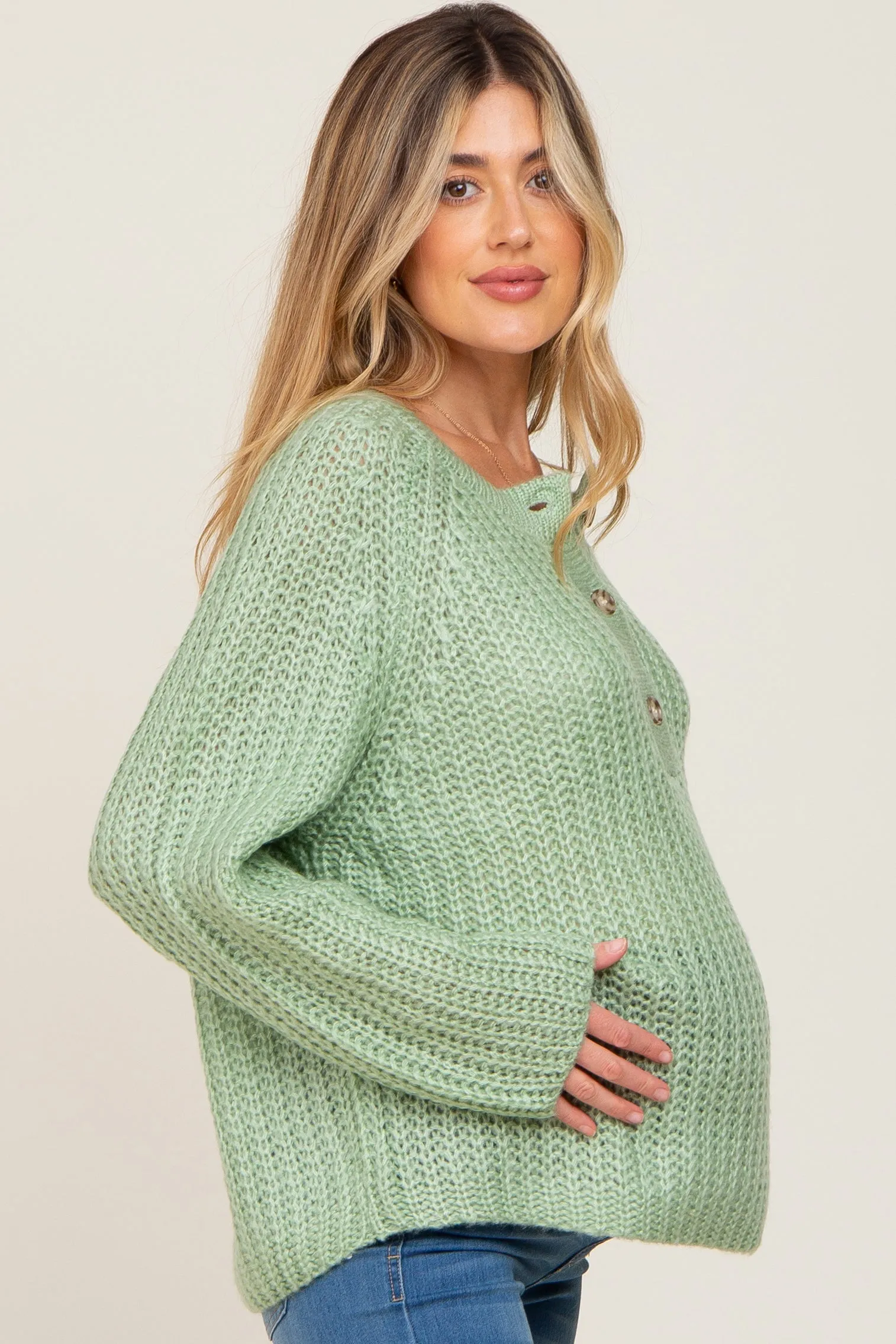 Mint Green Open Knit Button Front Maternity Sweater sold by Pinkblush product image thumbnail 2