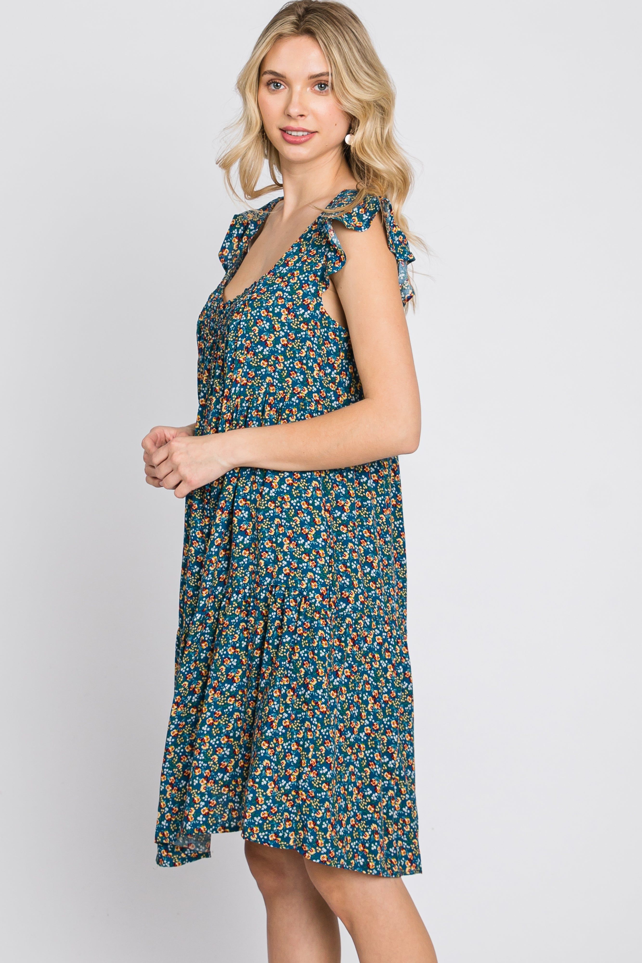 Blue Floral Smocked Square Neck Ruffle Sleeve Dress sold by Pinkblush product image thumbnail 5