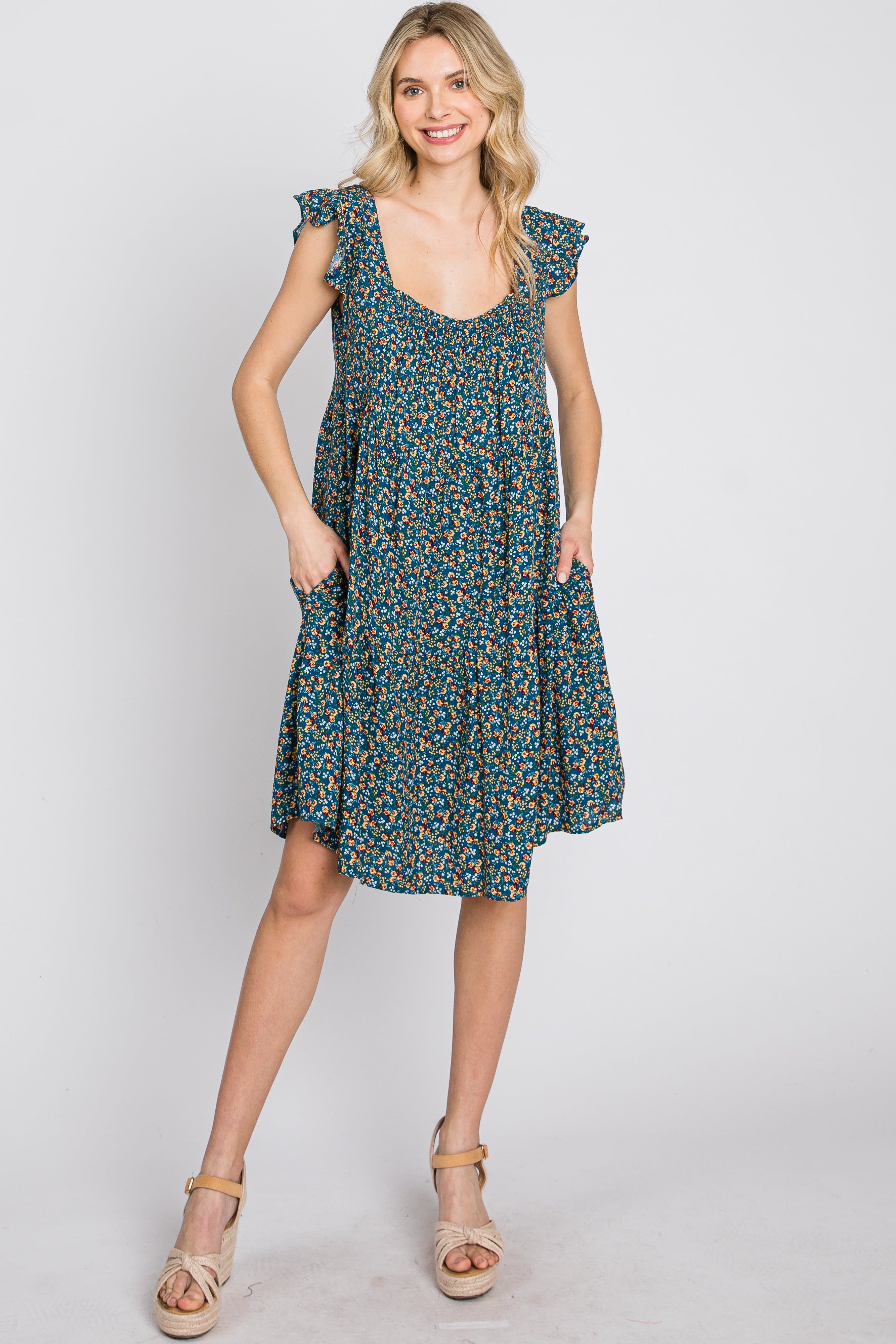 Blue Floral Smocked Square Neck Ruffle Sleeve Dress sold by Pinkblush product image thumbnail 2