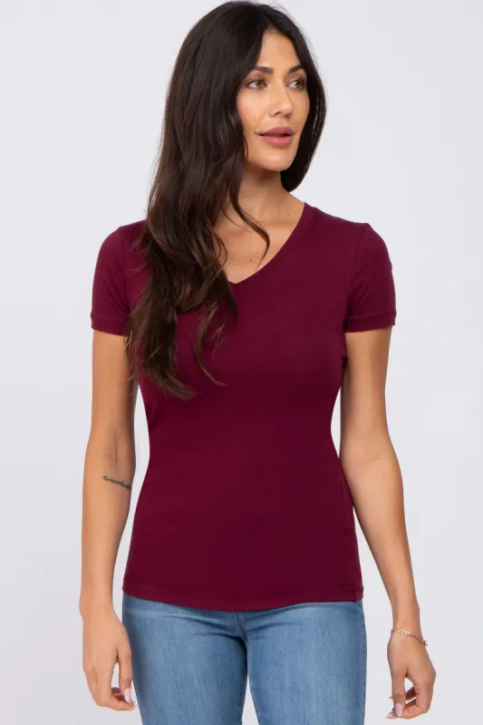 Burgundy V-Neck Short Sleeve Top sold by Pinkblush
