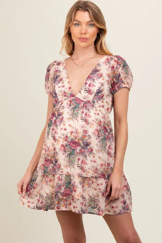 Cream Chiffon Floral Back Tie Maternity Dress sold by Pinkblush