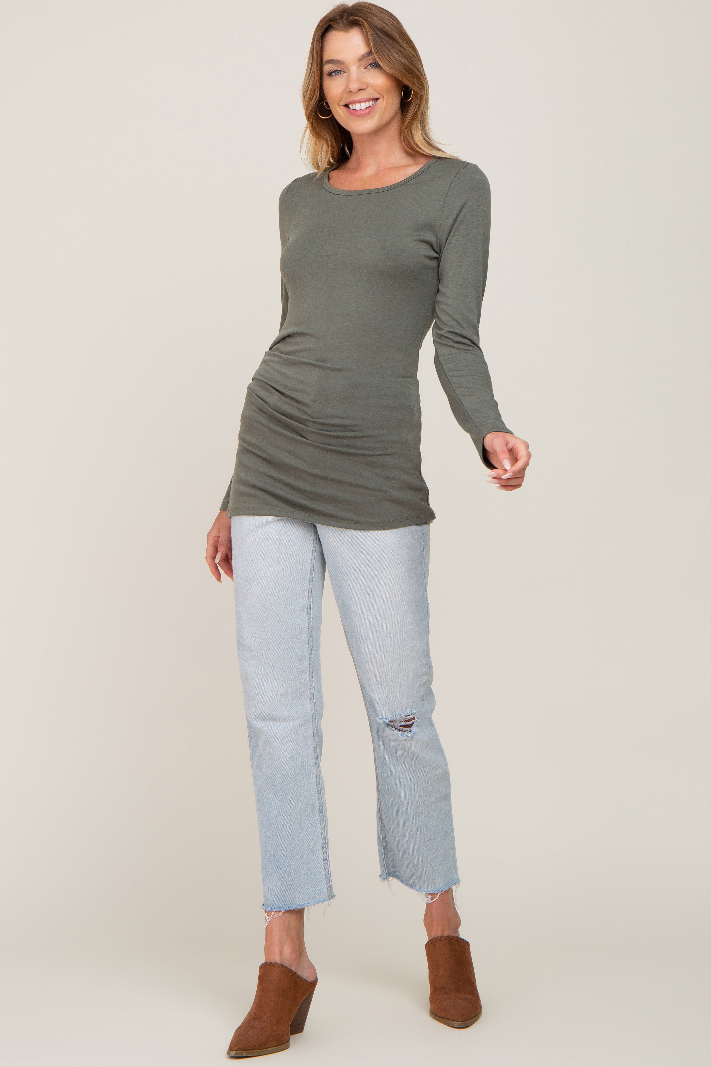 Olive Ruched Side Long Sleeve Top sold by Pinkblush product image thumbnail 4