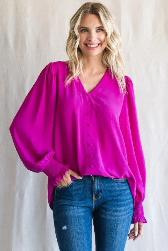 Magenta Button Front Long Smocked Sleeve Blouse sold by Pinkblush