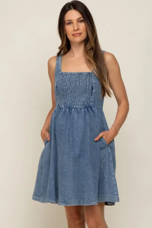 Blue Smocked Square Neck Denim Maternity Dress sold by Pinkblush