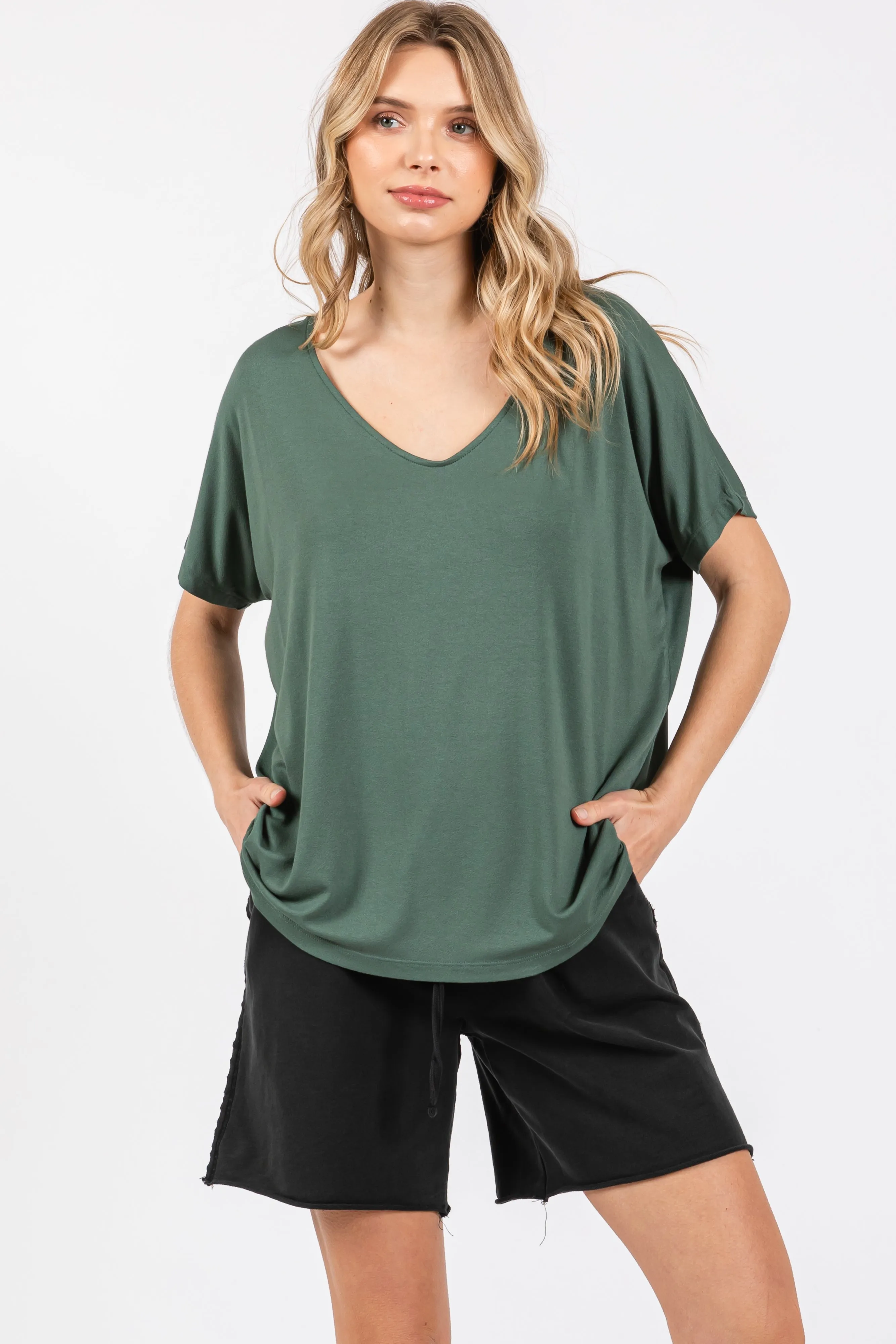 Olive Short Dolman Sleeve V-Neck Maternity Top sold by Pinkblush product image thumbnail 4