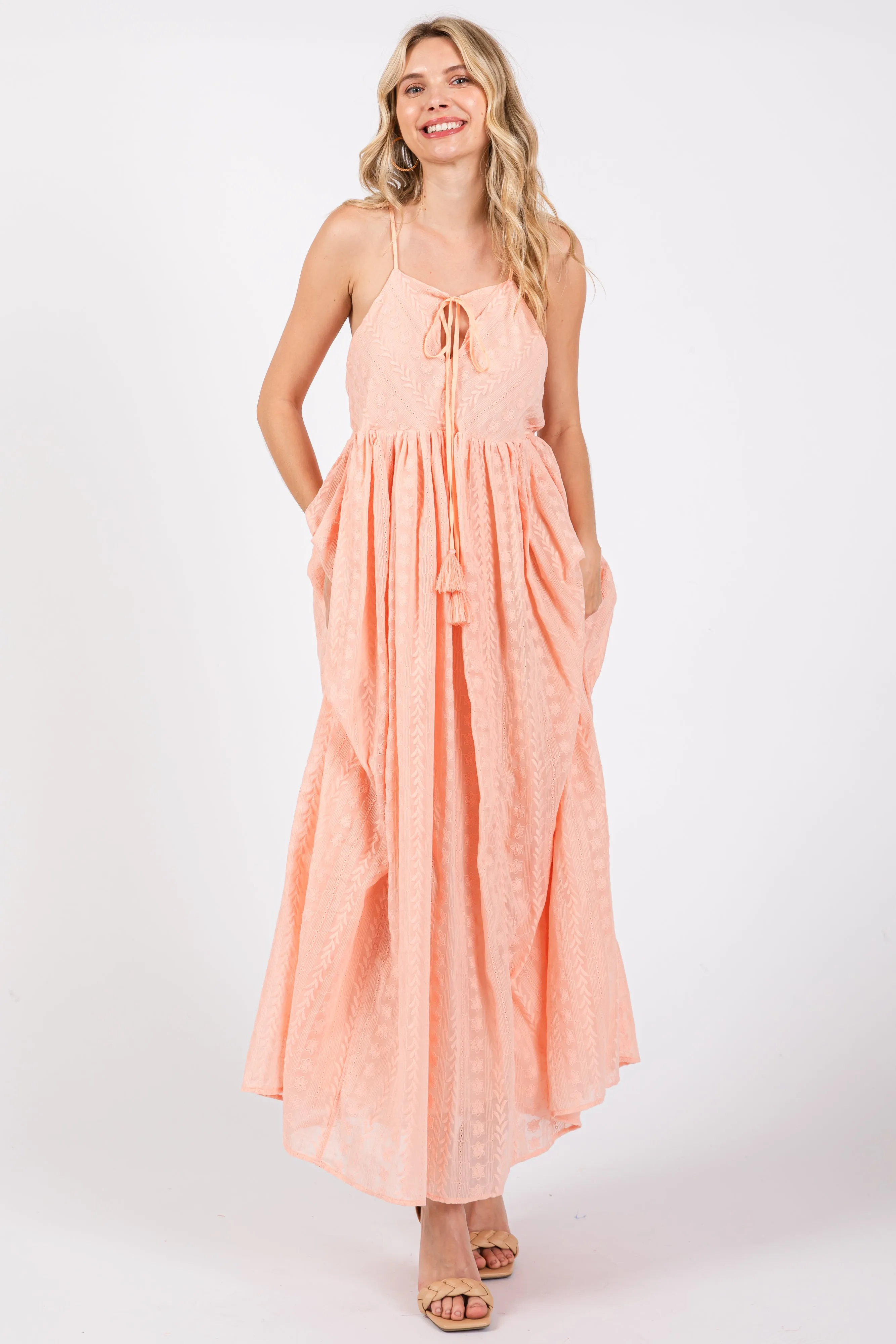 Light Pink Embroidered Tassel Tie Maternity Maxi Dress sold by Pinkblush product image thumbnail 4