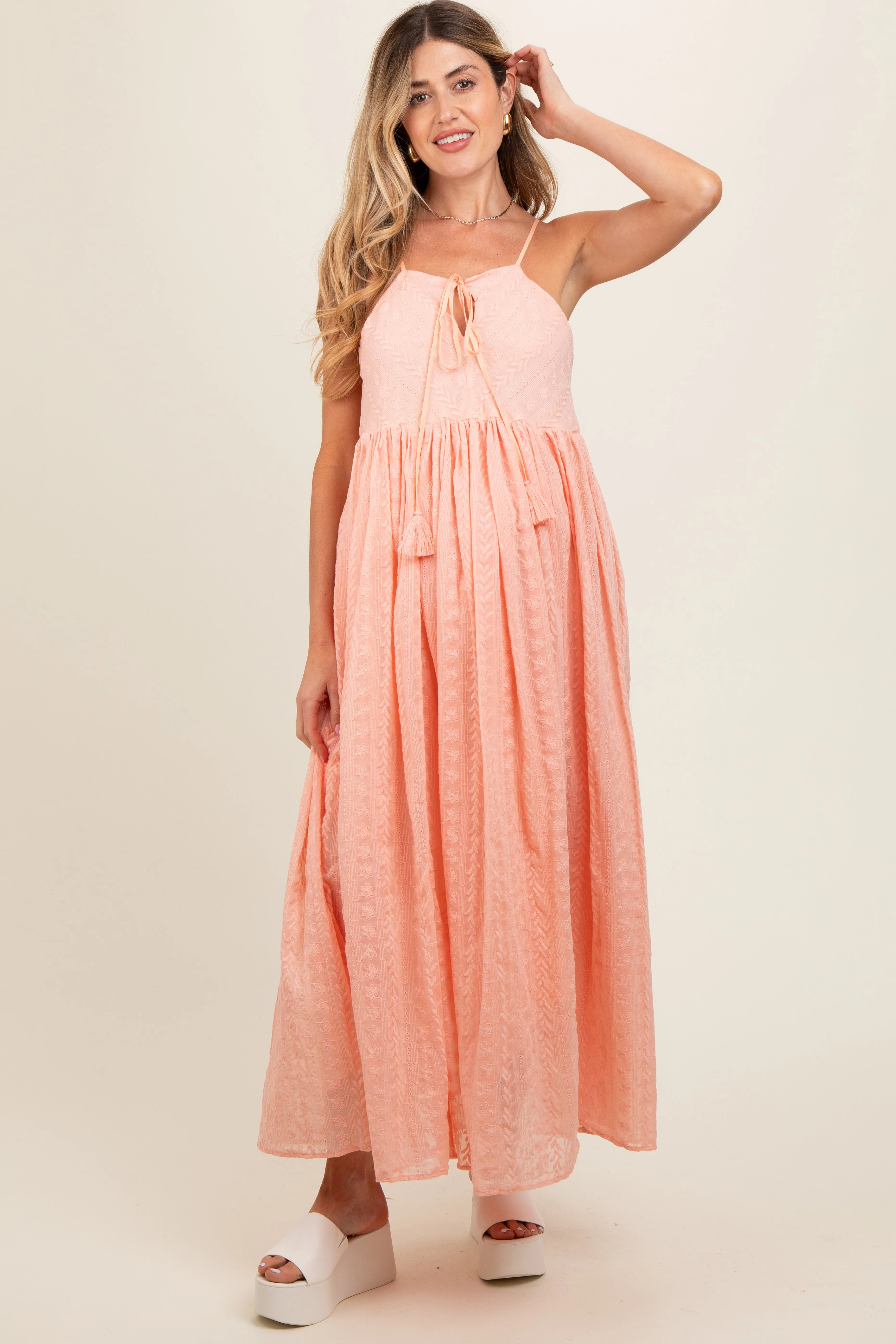Light Pink Embroidered Tassel Tie Maternity Maxi Dress sold by Pinkblush