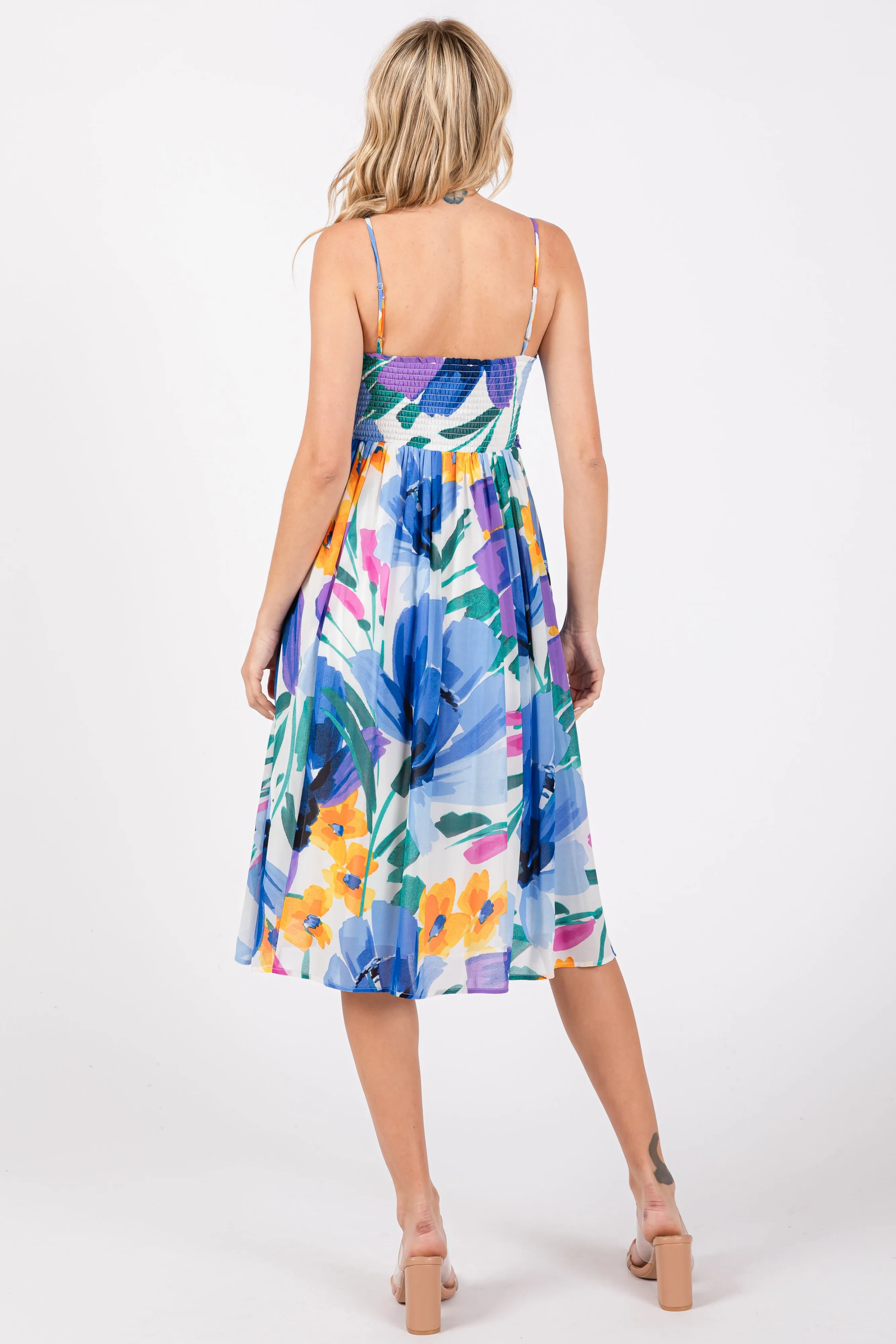 Blue Floral Smocked Chiffon Midi Dress sold by Pinkblush product image thumbnail 4