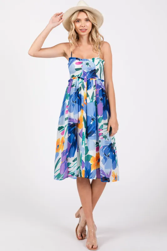 Blue Floral Smocked Chiffon Midi Dress sold by Pinkblush
