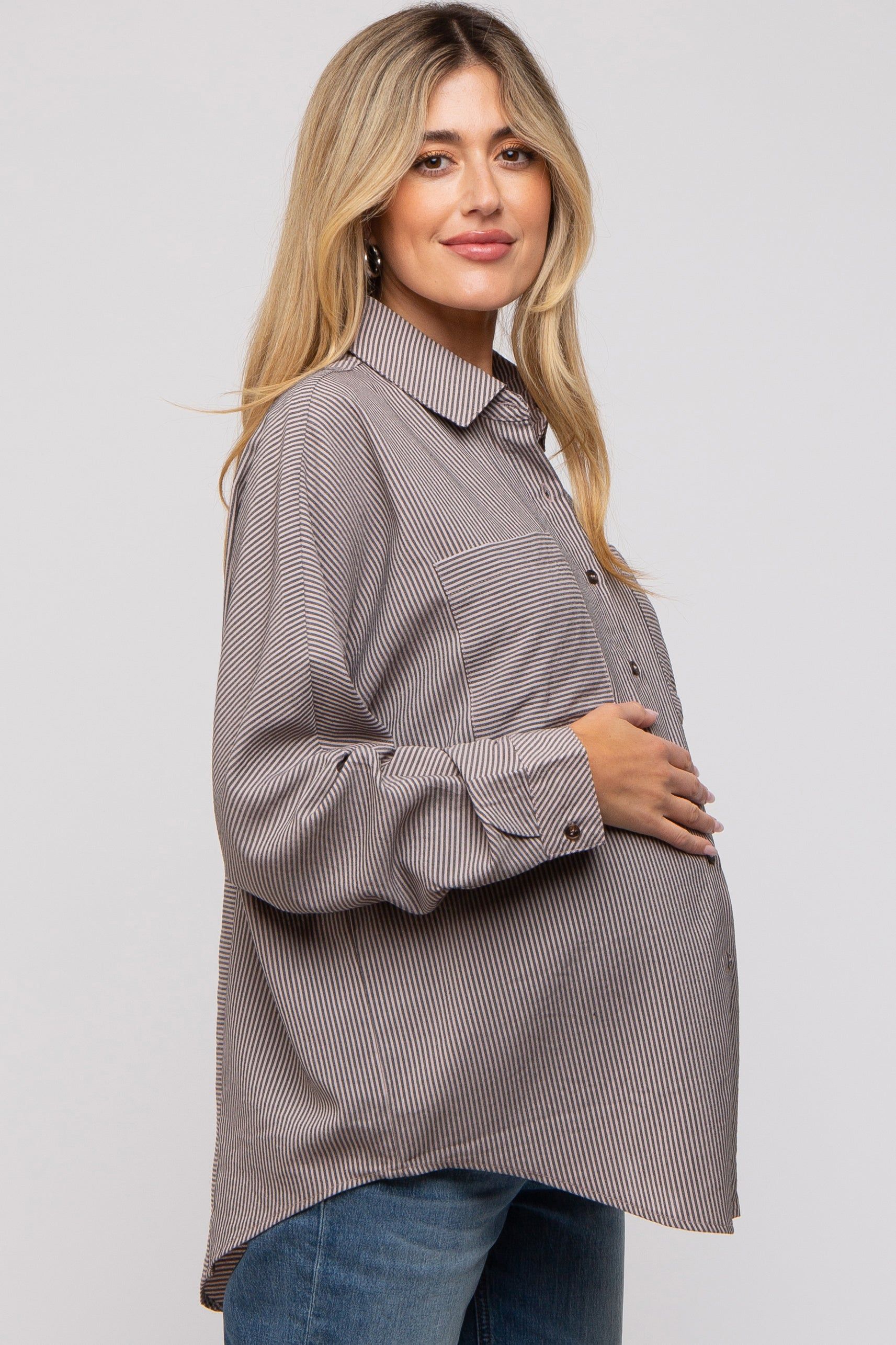 Charcoal Striped Oversized Button Up Maternity Top sold by Pinkblush product image thumbnail 4