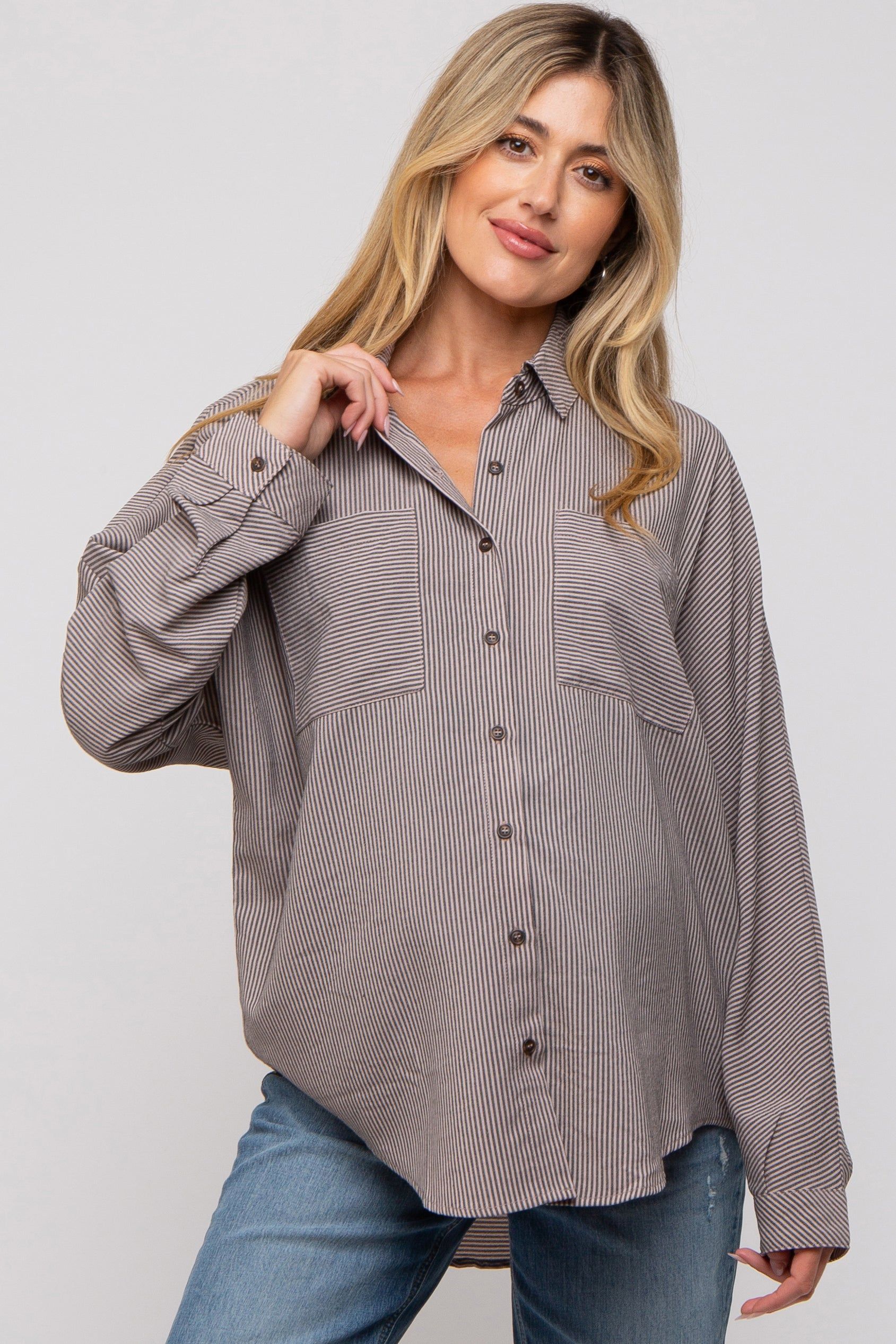 Charcoal Striped Oversized Button Up Maternity Top sold by Pinkblush