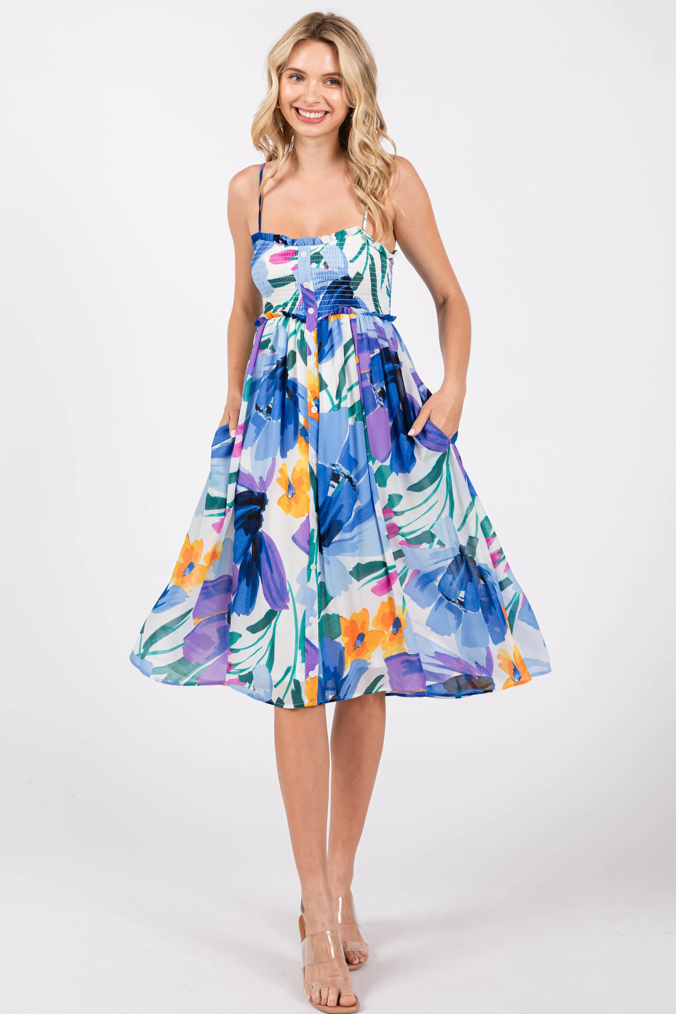 Blue Floral Smocked Chiffon Midi Dress sold by Pinkblush product image thumbnail 2