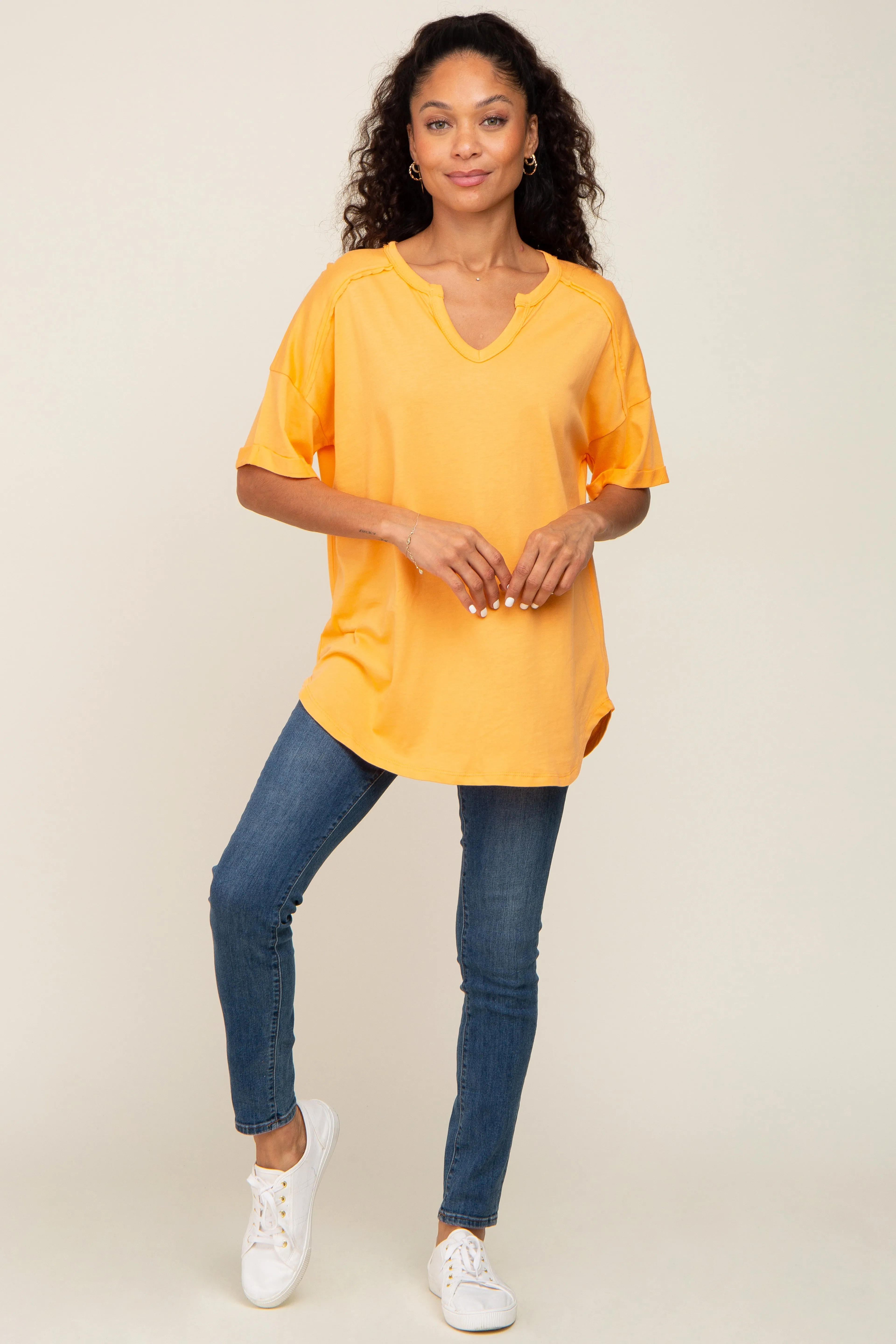 Orange Oversized V-Neck Cuffed Short Sleeve Tee sold by Pinkblush product image thumbnail 4