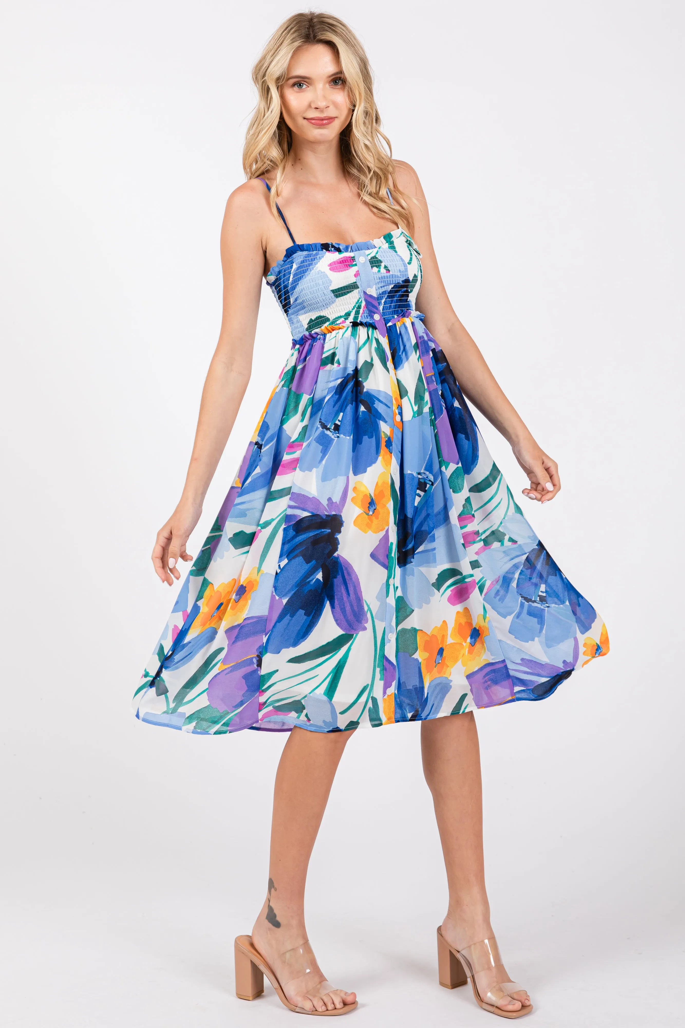 Blue Floral Smocked Chiffon Midi Dress sold by Pinkblush product image thumbnail 3