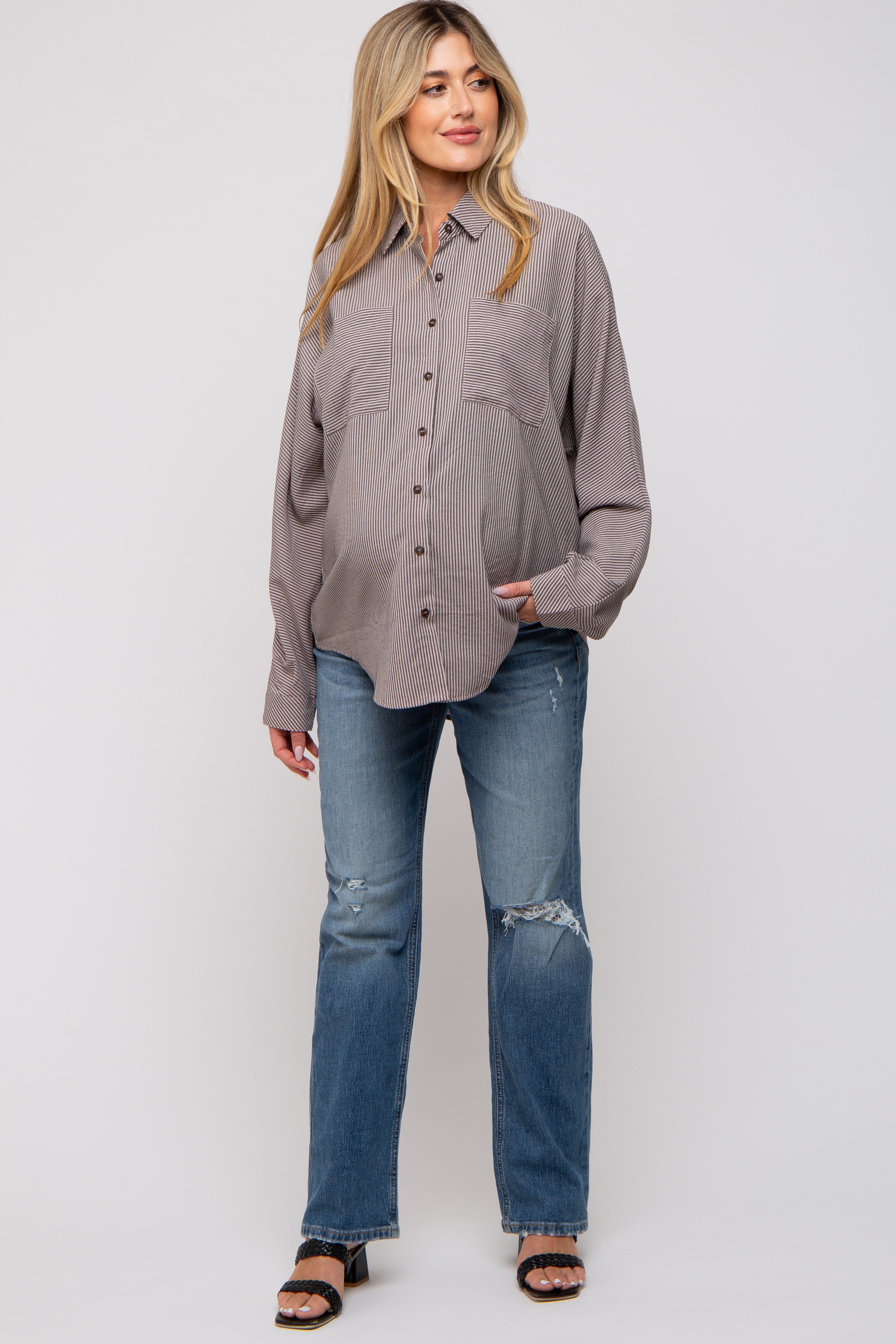 Charcoal Striped Oversized Button Up Maternity Top sold by Pinkblush product image thumbnail 3