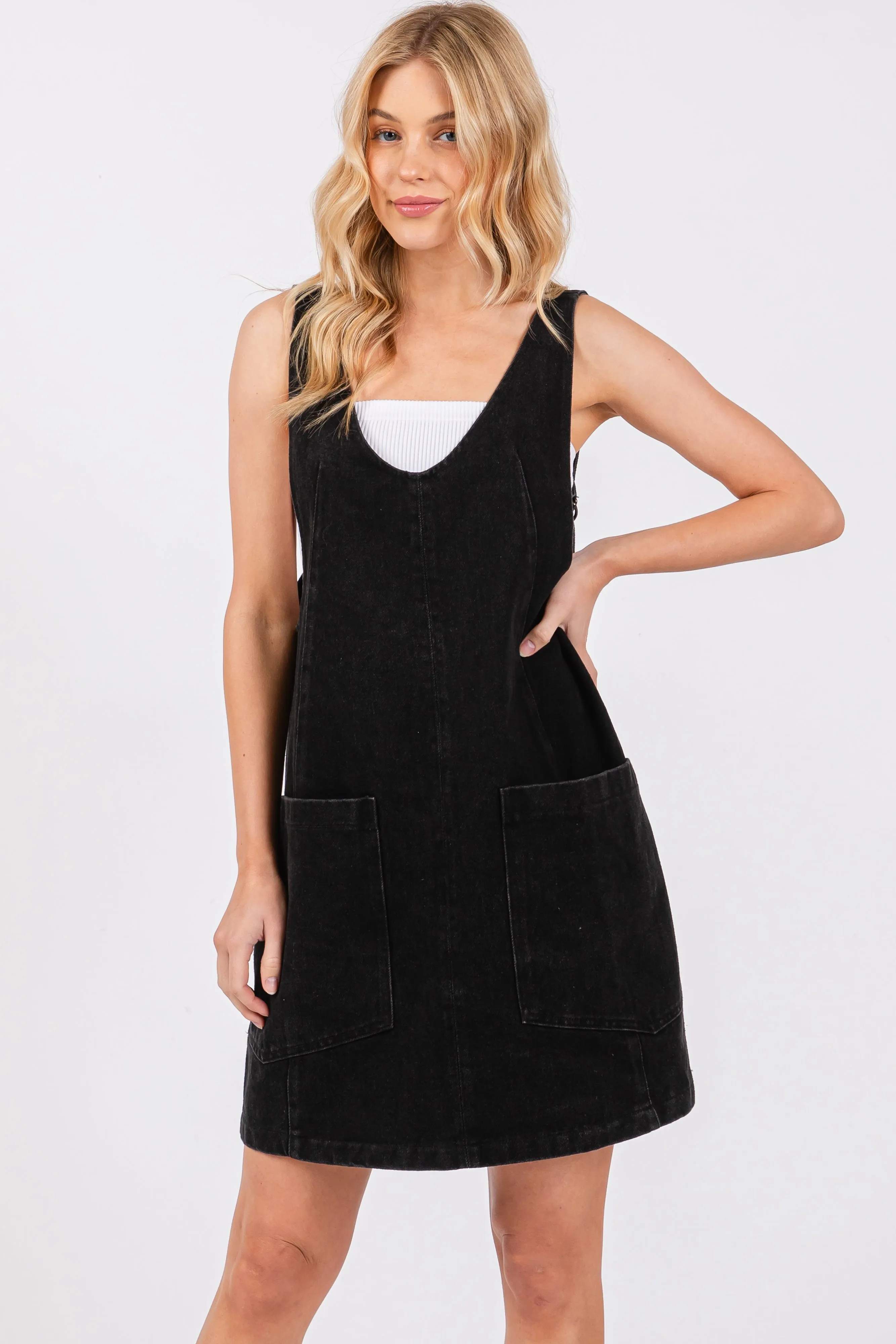 Black Denim Side Pocket Overall Dress sold by Pinkblush