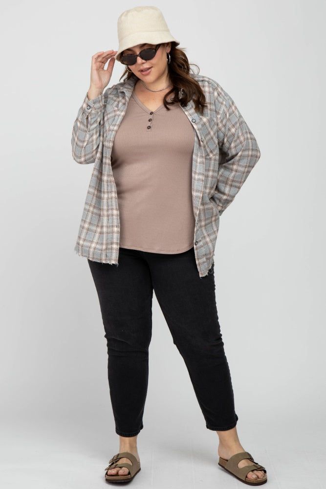 Grey Plaid Button Up Collared Flannel Maternity Plus Top sold by Pinkblush product image thumbnail 4