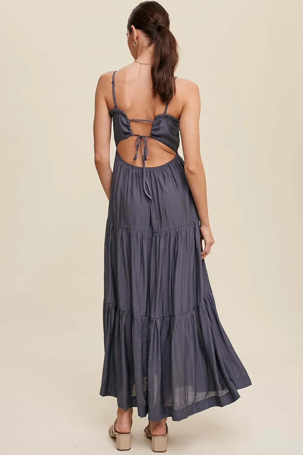 Navy Blue Smocked Square Neck Back Cutout Tiered Midi Dress sold by Pinkblush product image thumbnail 4