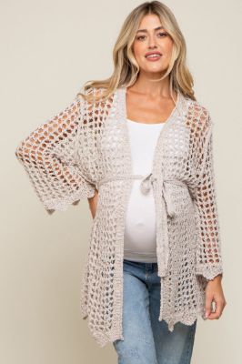 Beige Open Knit Waist Tie Maternity Cardigan sold by Pinkblush