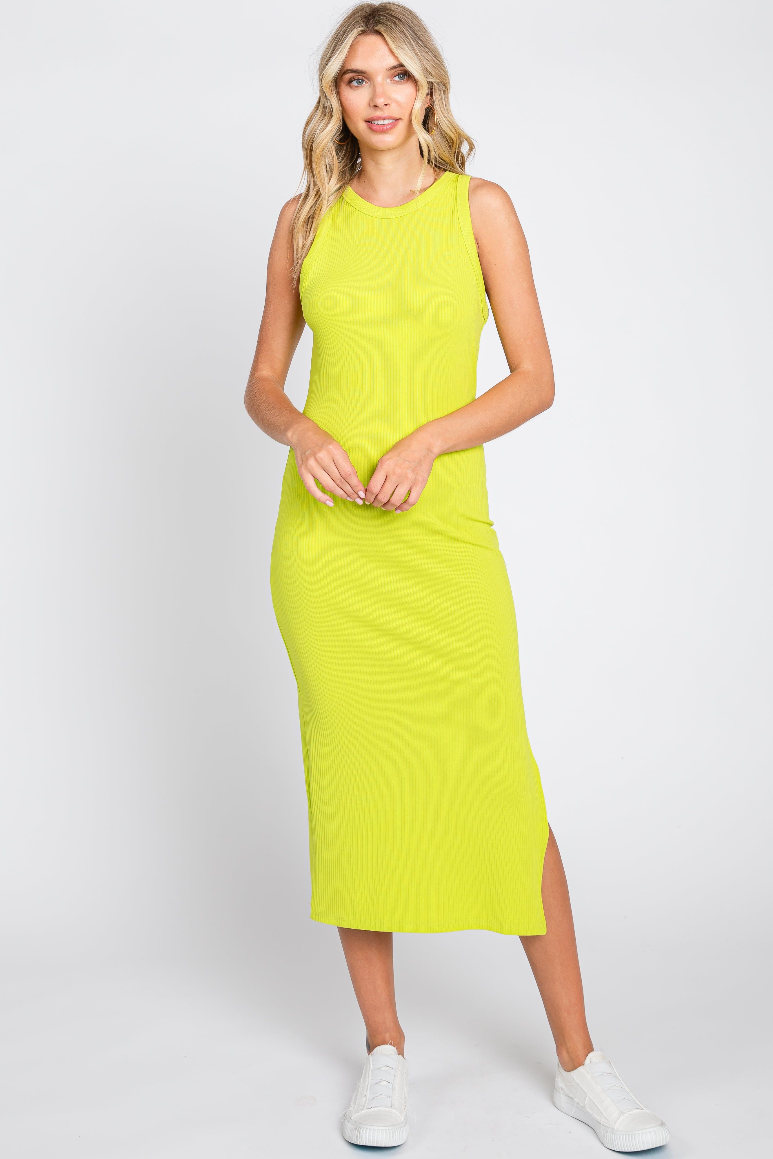 Lime Sleeveless Ribbed Midi Dress sold by Pinkblush