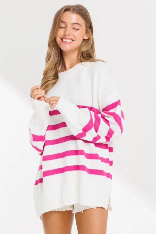 Fuchsia Striped Oversized Side Slit Sweater sold by Pinkblush