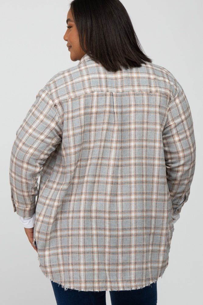 Grey Plaid Button Up Collared Flannel Maternity Plus Top sold by Pinkblush product image thumbnail 2