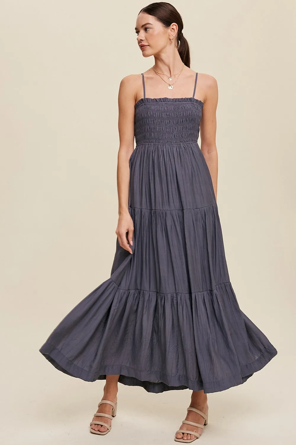 Navy Blue Smocked Square Neck Back Cutout Tiered Midi Dress sold by Pinkblush product image thumbnail 2