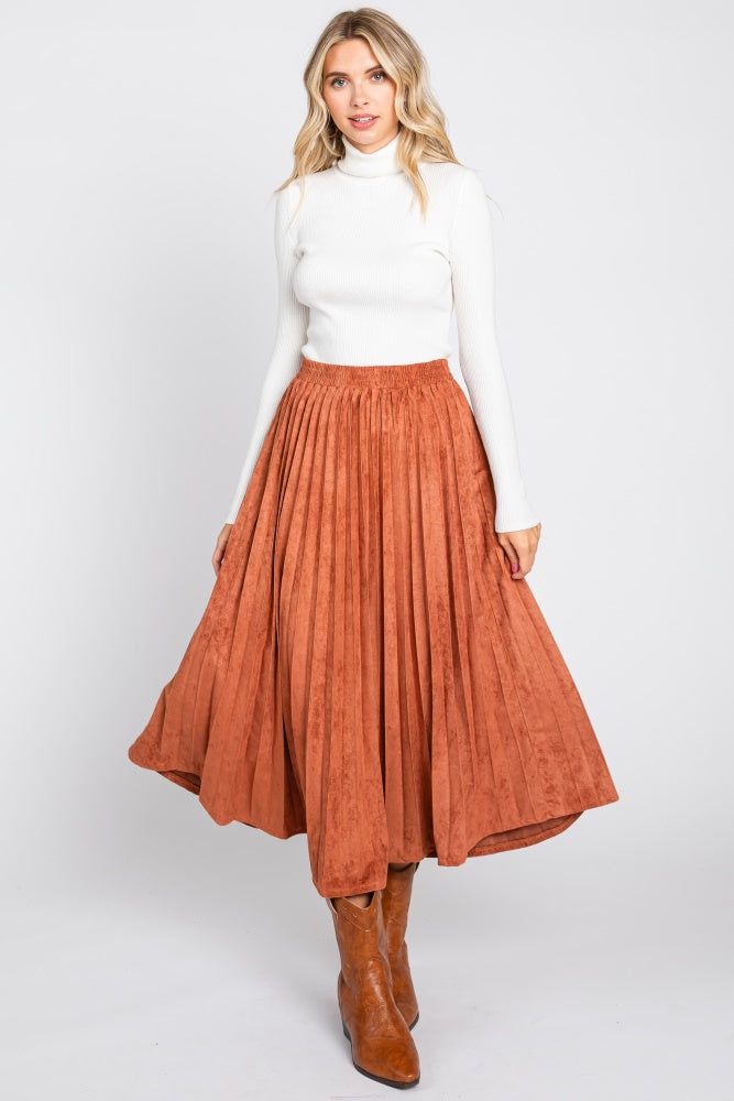 Rust Suede Pleated Midi Skirt sold by Pinkblush