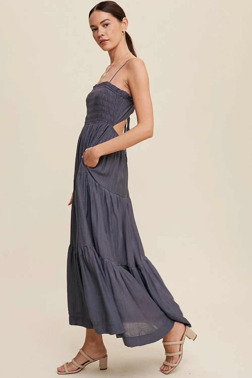 Navy Blue Smocked Square Neck Back Cutout Tiered Midi Dress sold by Pinkblush product image thumbnail 3