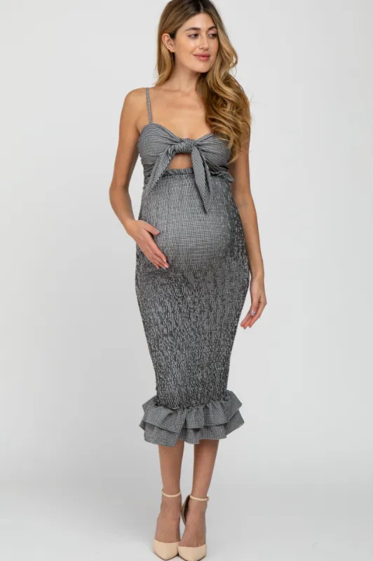 Black Gingham Print Smocked Fitted Self-Tie Maternity Midi Dress sold by Pinkblush